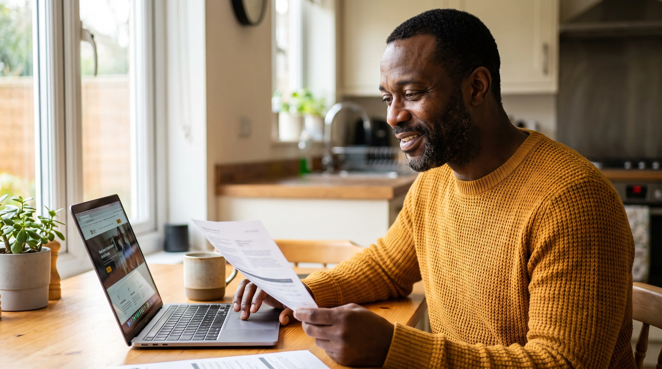 A thoughtful man in his forties comparing pharmacy information on a laptop and a printed page at a tidy kitchen table, calm and focused