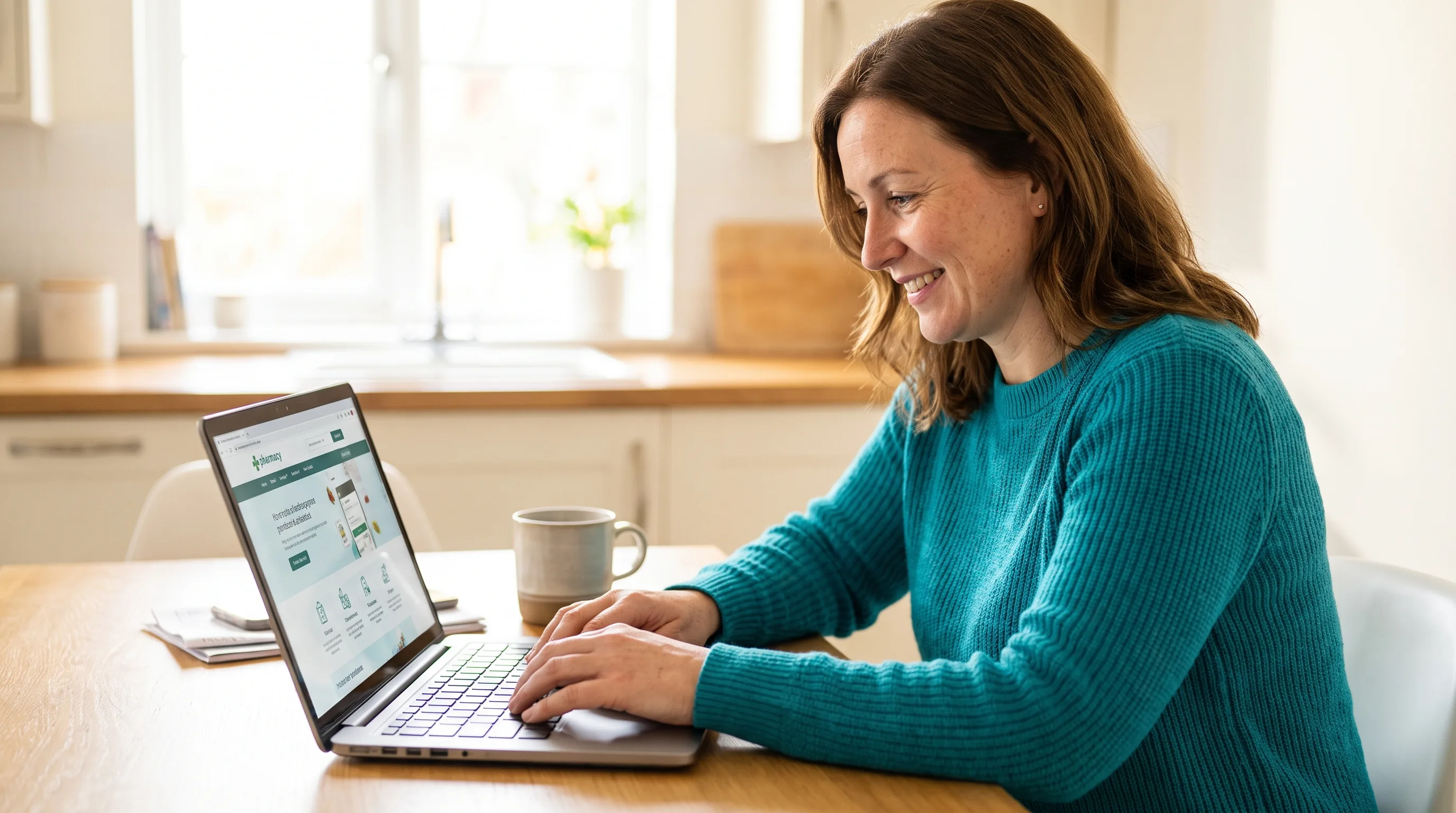 A thoughtful woman in her thirties reading pharmacy information on a laptop at a clean kitchen table, calm and focused