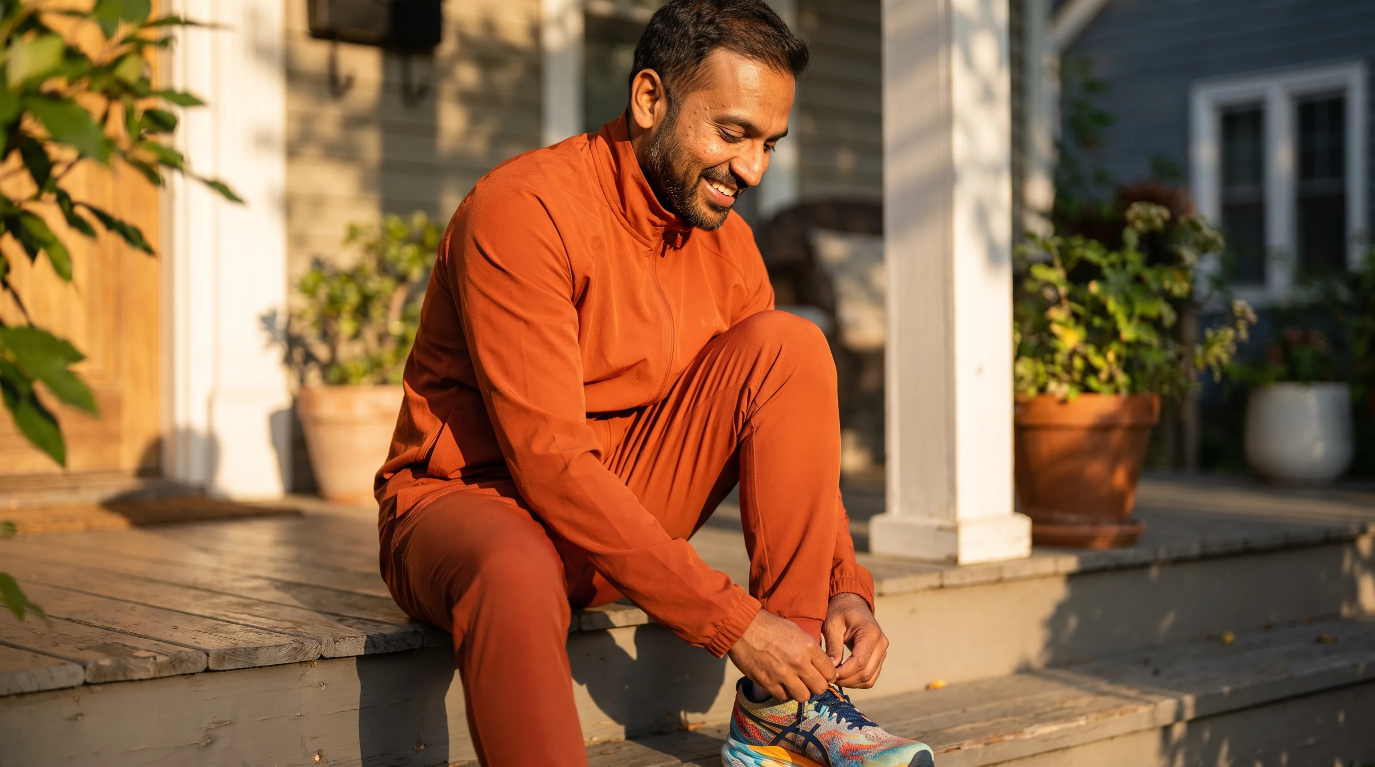 A determined adult lacing up running shoes on a sunlit front porch at dawn, deciding to keep going the right way after the supplier they relied on went offline