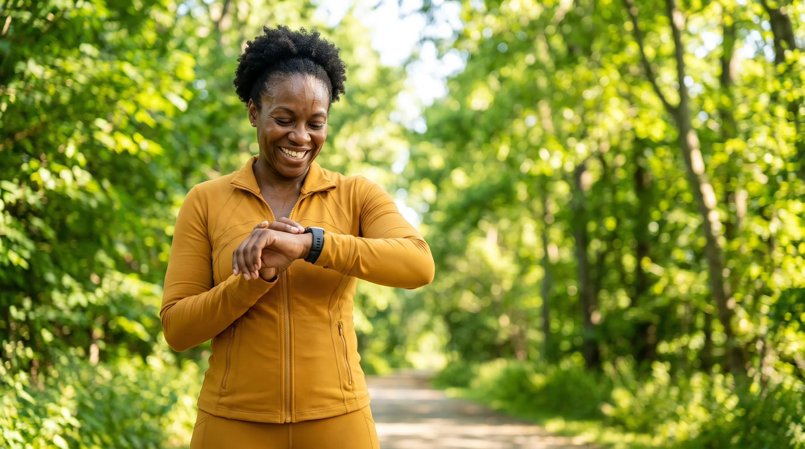 A woman in her forties in athletic wear pauses on a bright morning walk, smiling as she glances at her watch, green trees behind her