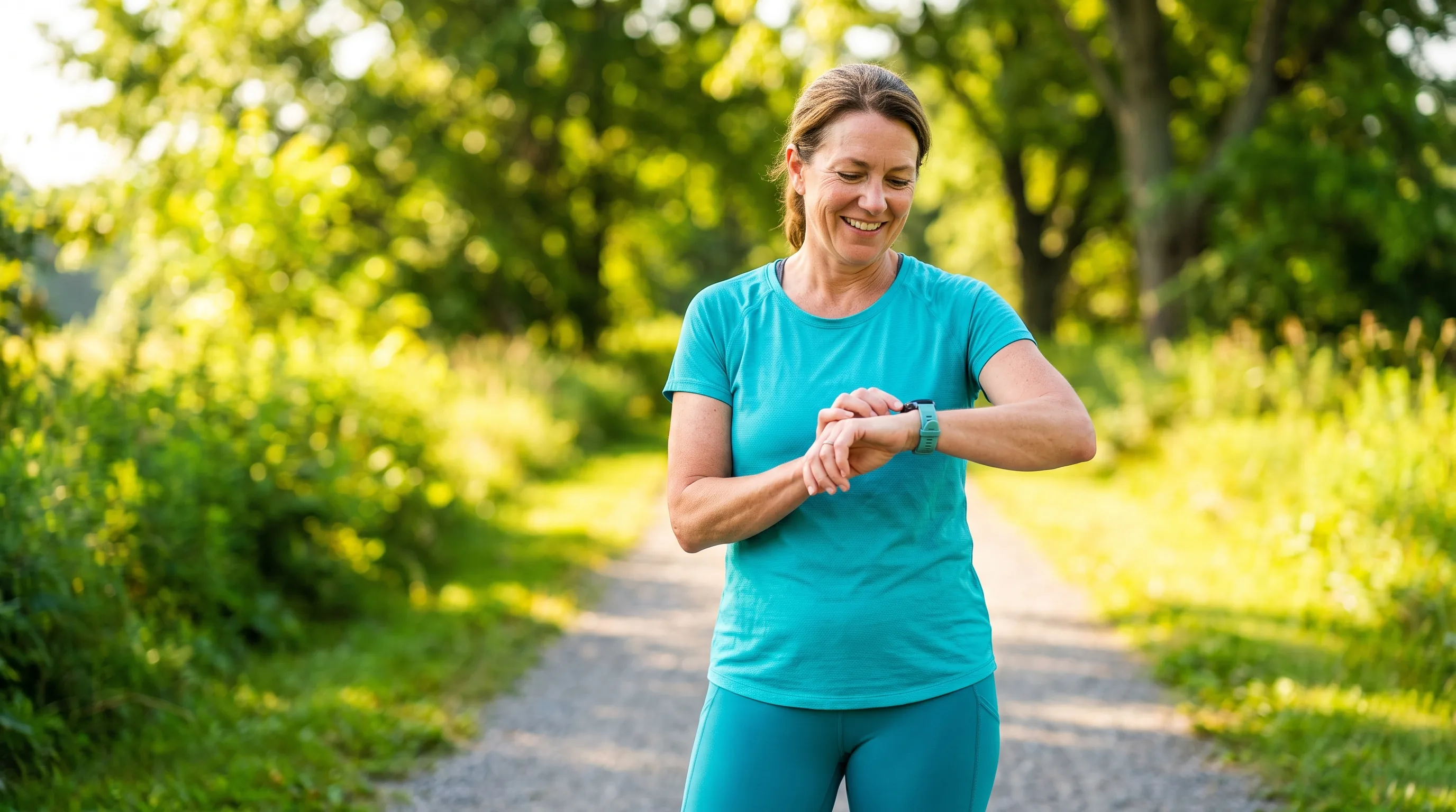 A woman in her forties in athletic wear pauses on a bright morning walk, smiling as she glances at her watch, green trees behind her