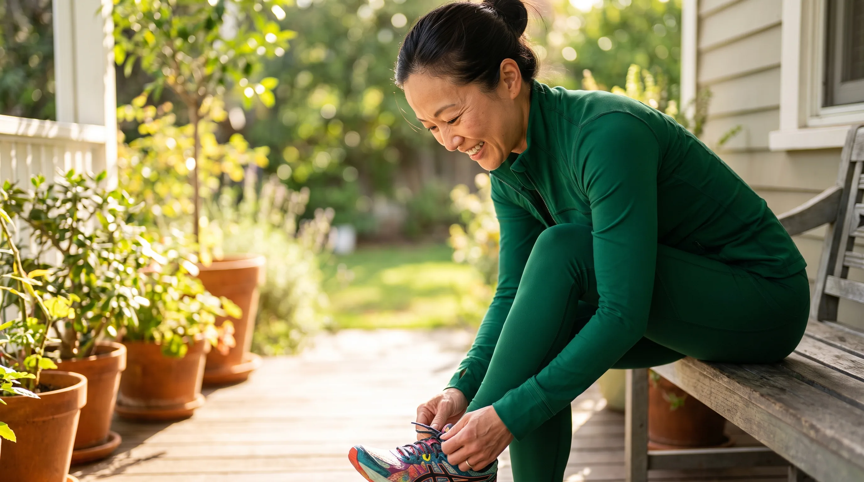 A woman in her forties in workout clothes lacing up her running shoes on a sunlit porch before a morning walk