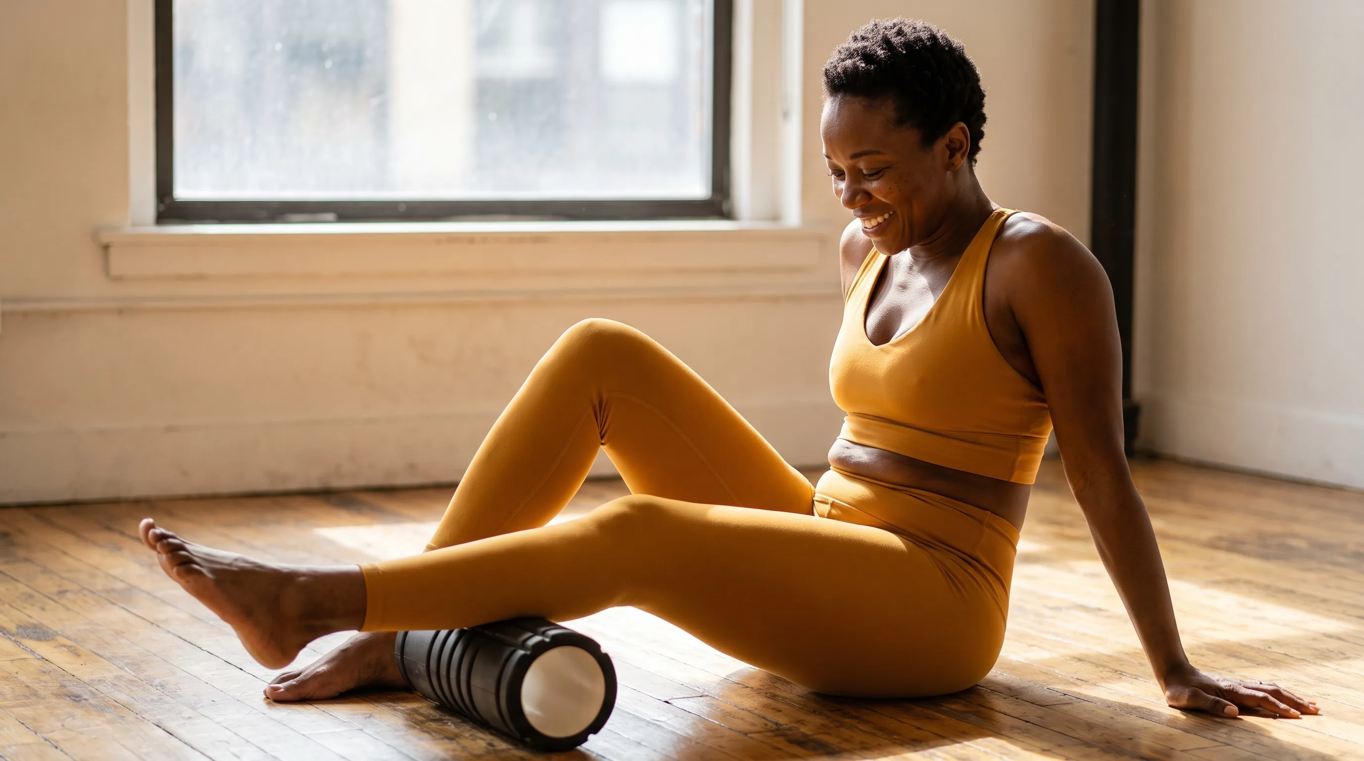 Fit adult in athletic wear on a studio floor, calmly foam-rolling a lower leg during recovery, warm editorial light