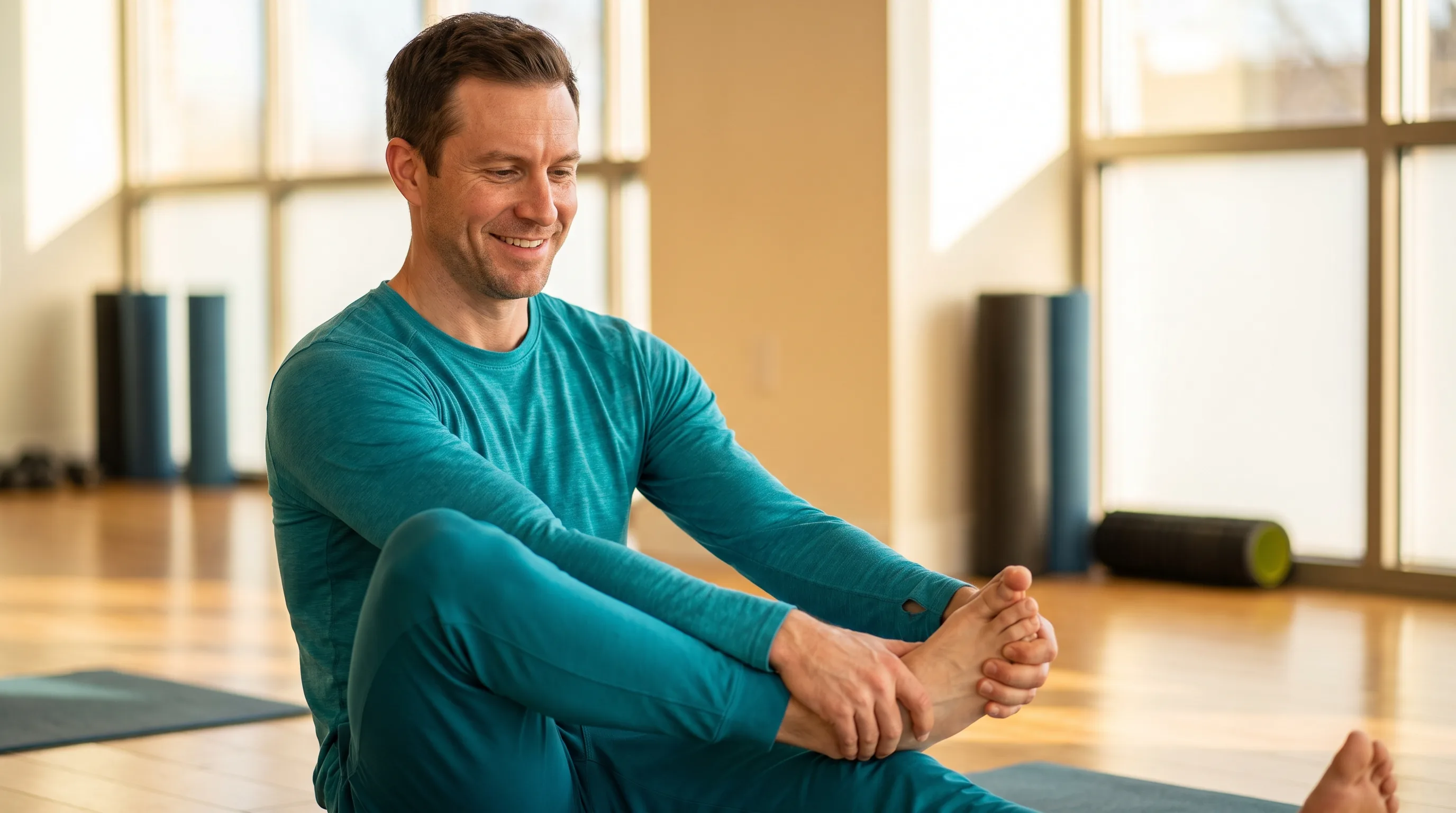 Fit adult in athletic wear sitting on a studio floor, calmly stretching a healing ankle during mobility work, warm natural light