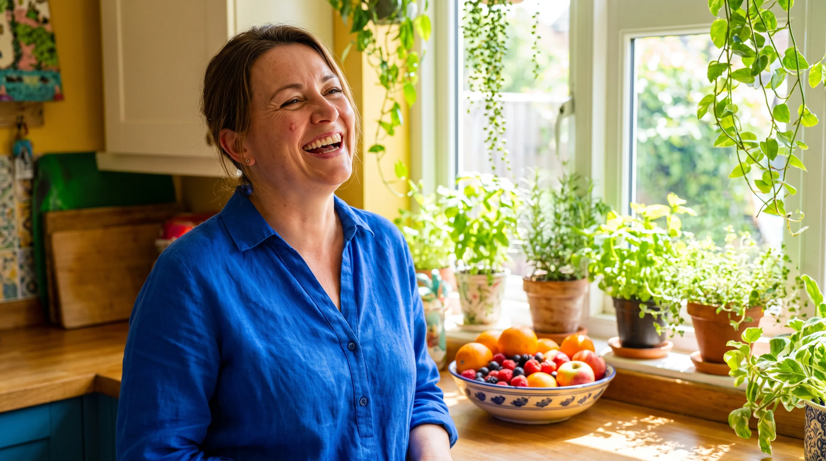 A cheerful woman in her forties laughing in a bright, sunlit kitchen with fresh fruit and green plants, looking healthy and at ease.