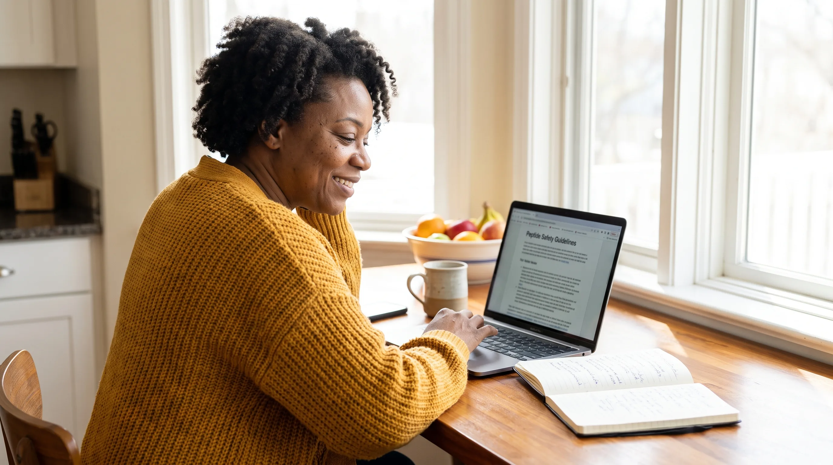A careful person in their 40s sitting at a tidy kitchen table, reading peptide safety information on a laptop with a notebook beside them, calm and unhurried