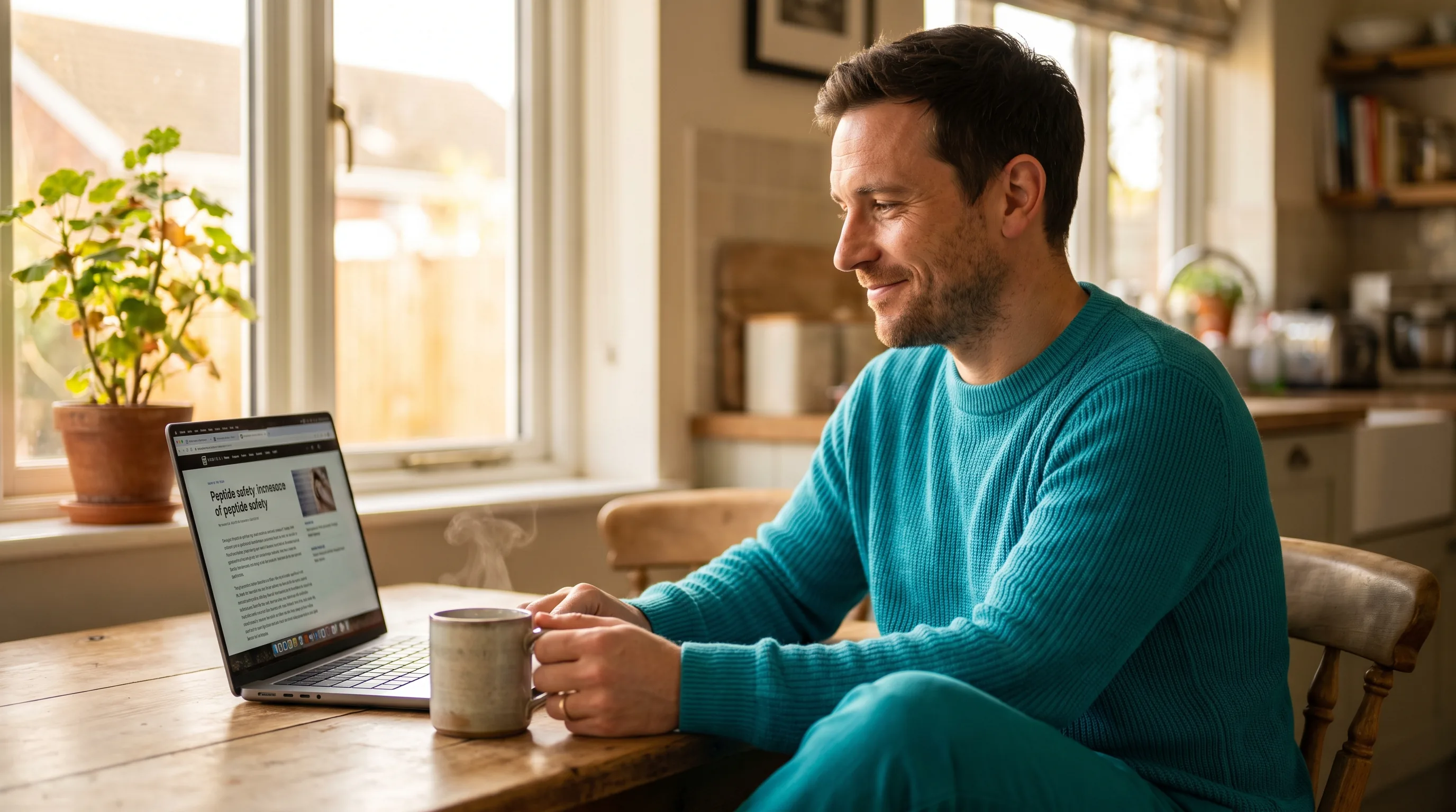 A thoughtful person in their 30s at a kitchen table with a laptop, calmly reading about peptide safety, warm daylight, a mug nearby