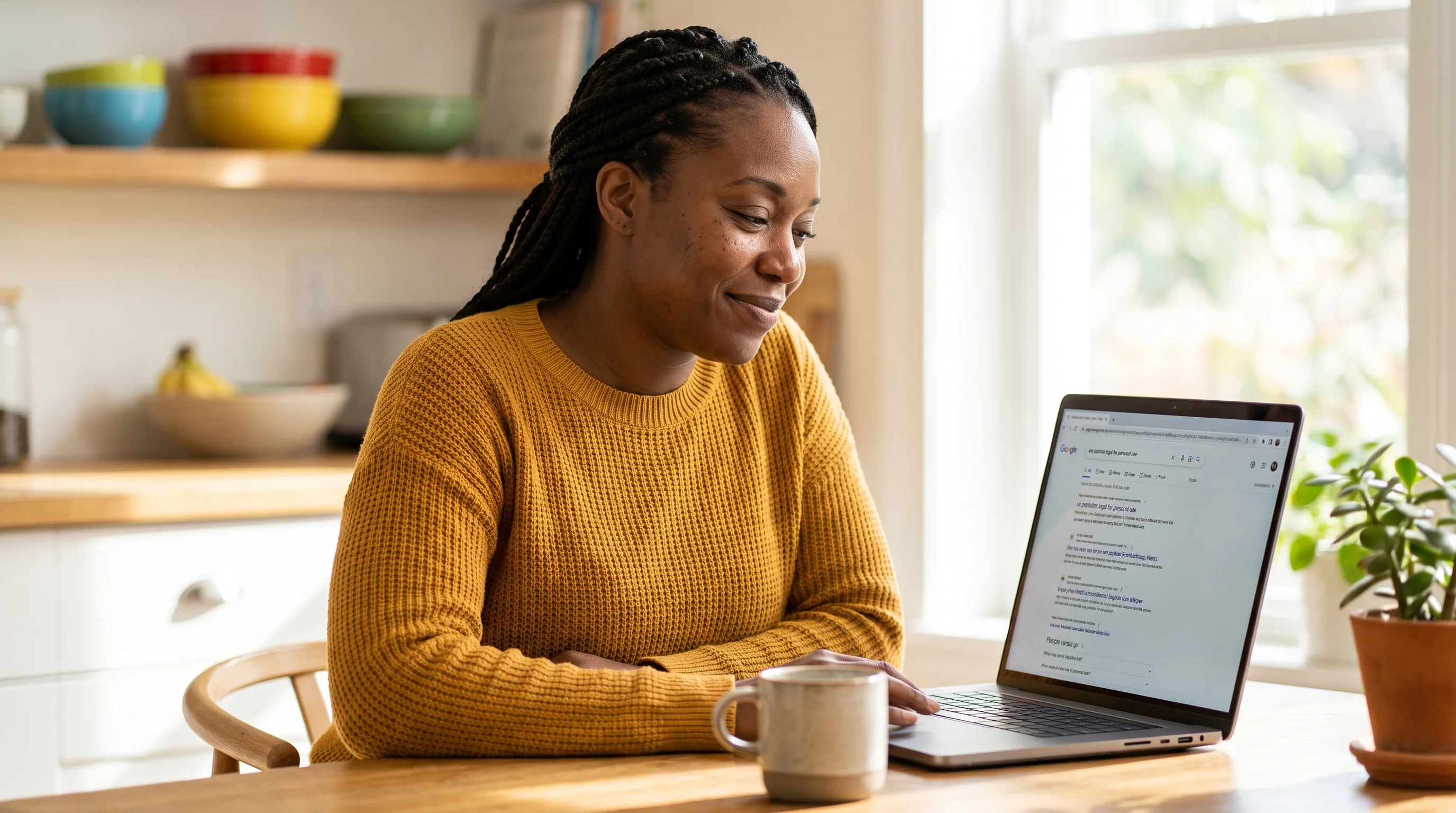 A thoughtful woman in her late thirties reading on a laptop at a sunlit kitchen table, calmly researching whether peptides are legal.
