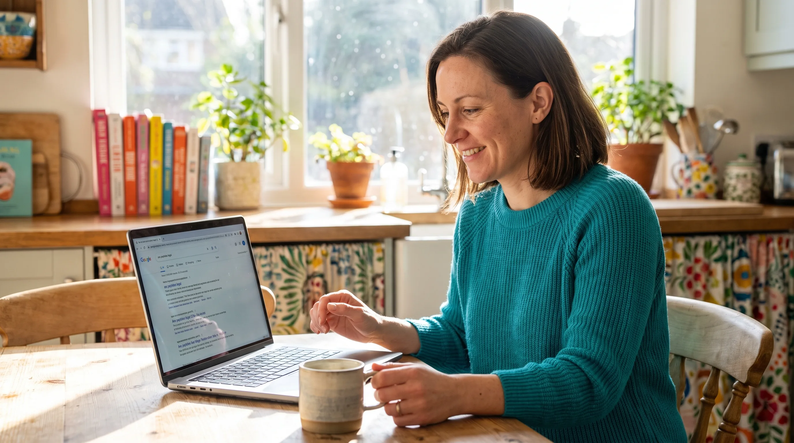 A thoughtful woman in her late thirties reading on a laptop at a sunlit kitchen table, calmly researching whether peptides are legal.
