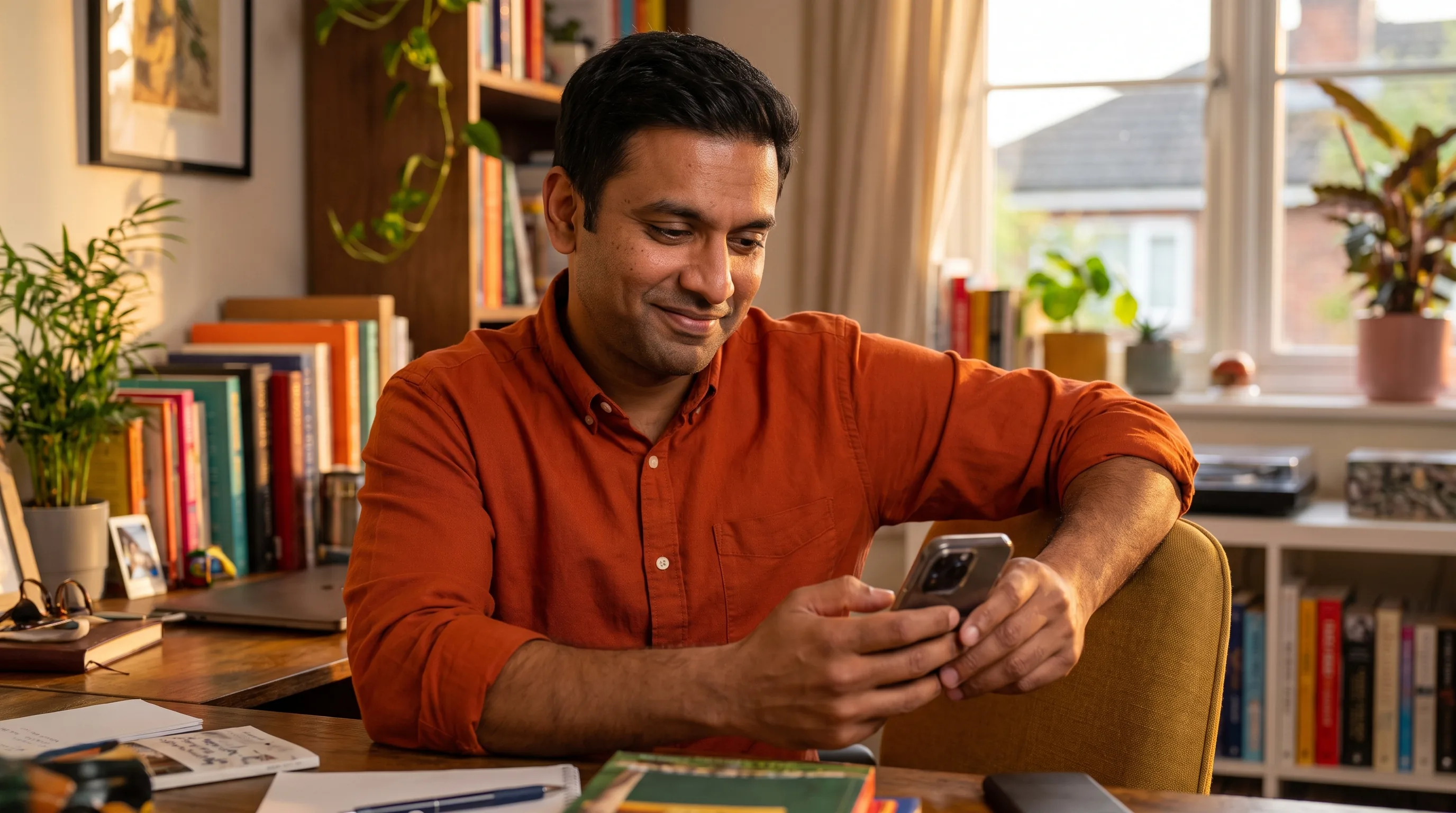 A man in his late thirties sitting at a home desk in the evening, pausing over his phone with a considered look before making a health decision.