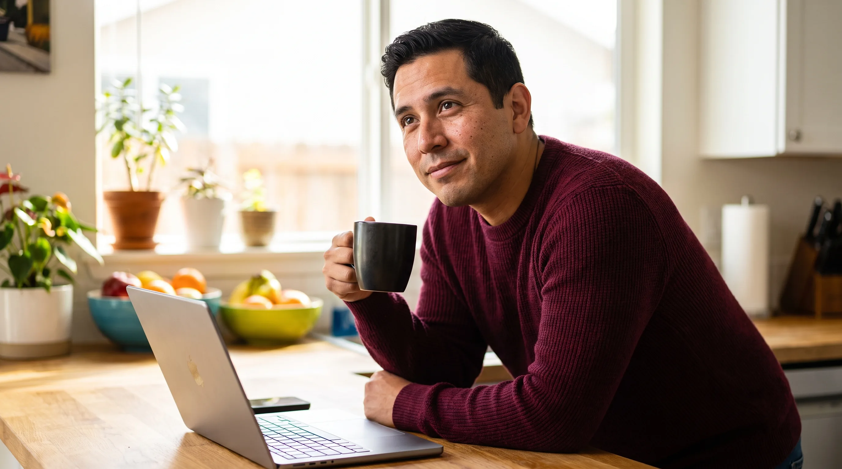 A thoughtful person at a kitchen table reading on a laptop with a notebook beside them, morning light through the window, weighing a decision calmly