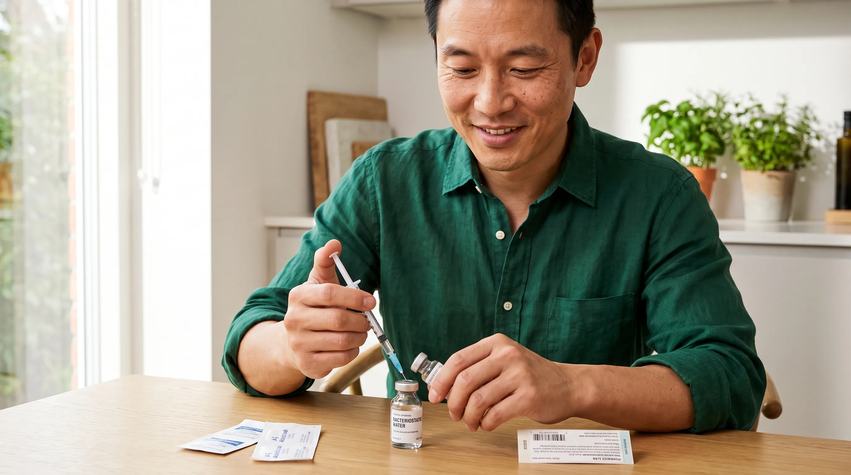 A calm, careful person at a clean, organized kitchen table slowly adding bacteriostatic water to a labeled peptide vial with a syringe, alcohol swabs and the pharmacy label laid out neatly