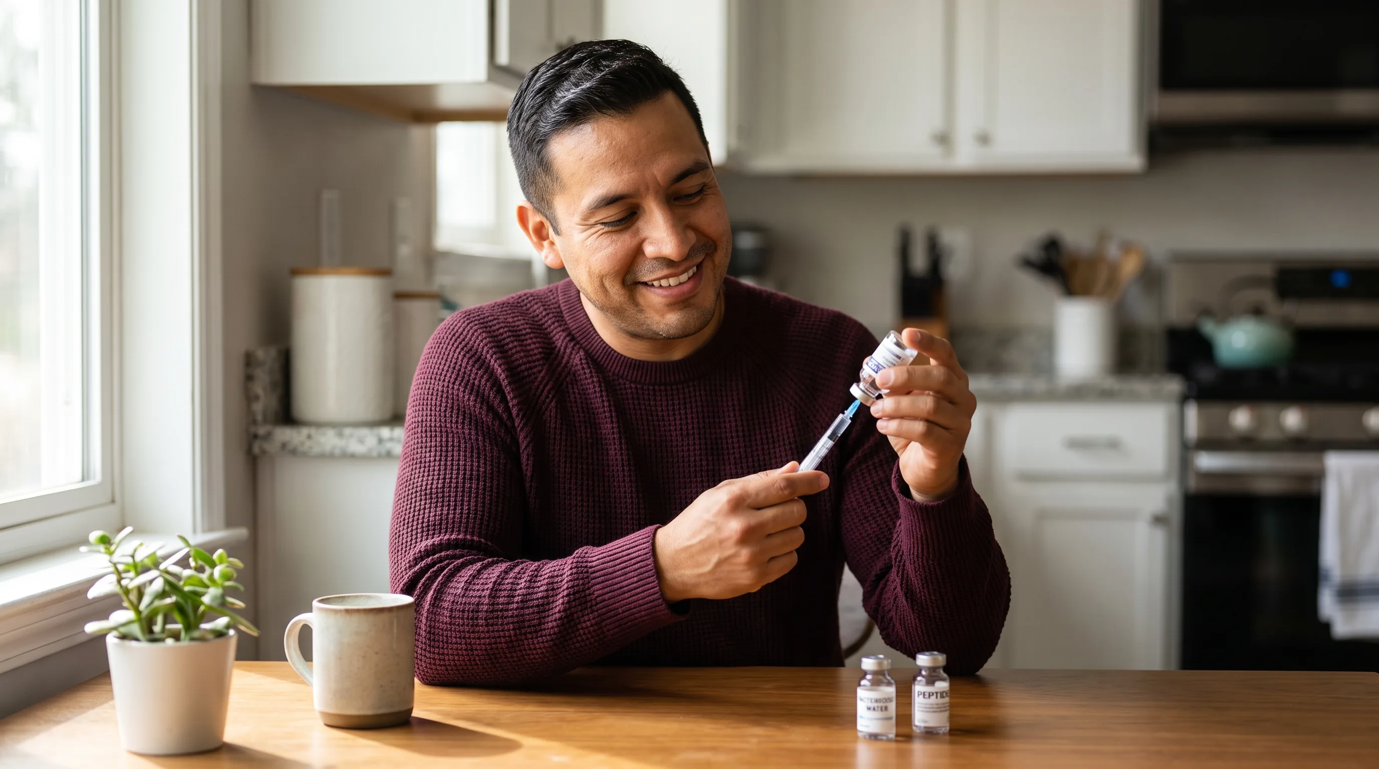 A careful person in their late thirties at a clean kitchen table, drawing bacteriostatic water into a syringe next to a labeled peptide vial in an organized, well-lit space