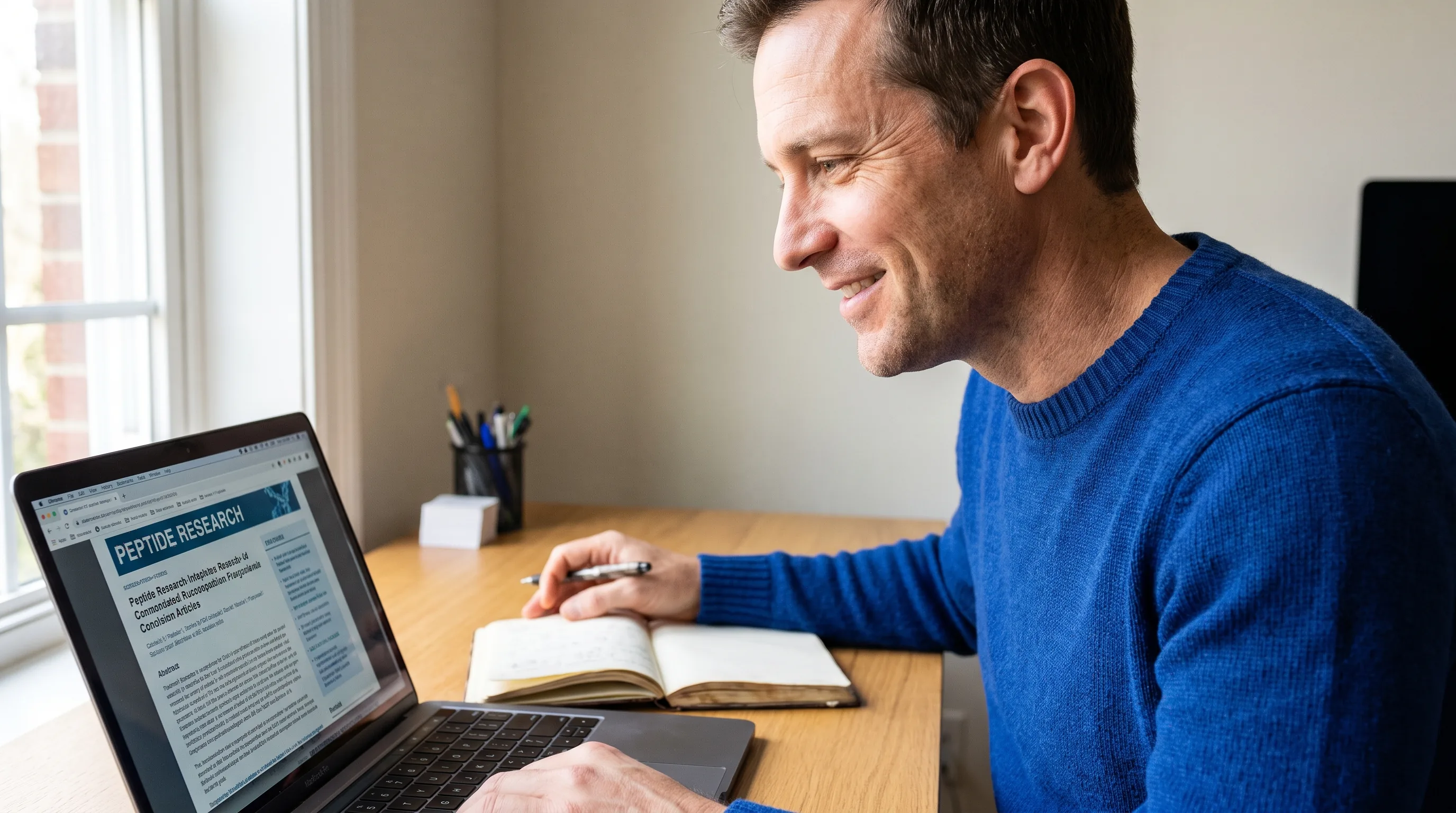 A thoughtful man in his early 40s researching peptides on a laptop at a tidy home desk, reading carefully with a notebook open, calm and unhurried.