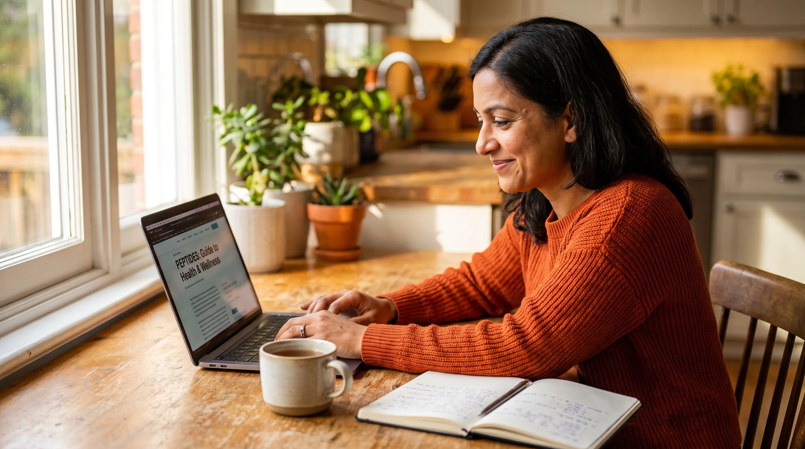 A thoughtful woman in her late 30s reading about peptides on a laptop at a sunlit kitchen table, calm and unhurried, with a notebook and a cup of tea beside her.