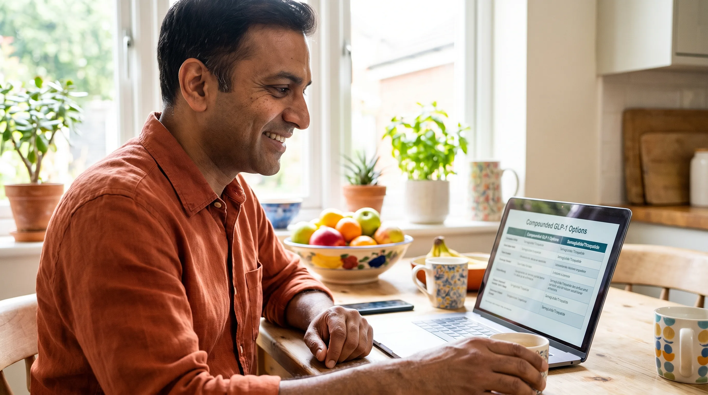 A warm, happy, colorful photo of a healthy adult at a sunlit kitchen table comparing compounded GLP-1 options on a laptop