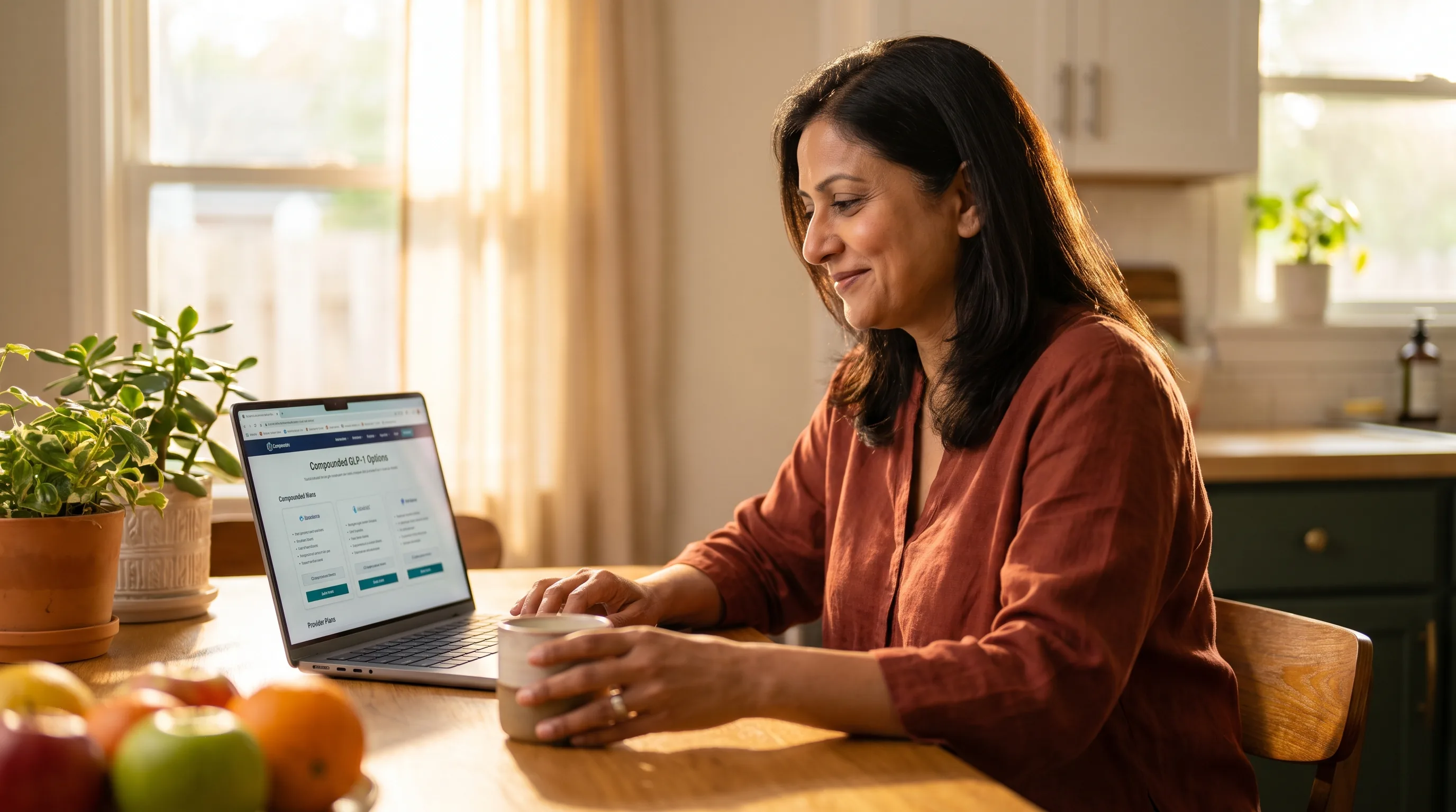 A happy, healthy adult in warm colorful morning light at a bright kitchen table, smiling and relaxed while comparing compounded GLP-1 provider options on a laptop