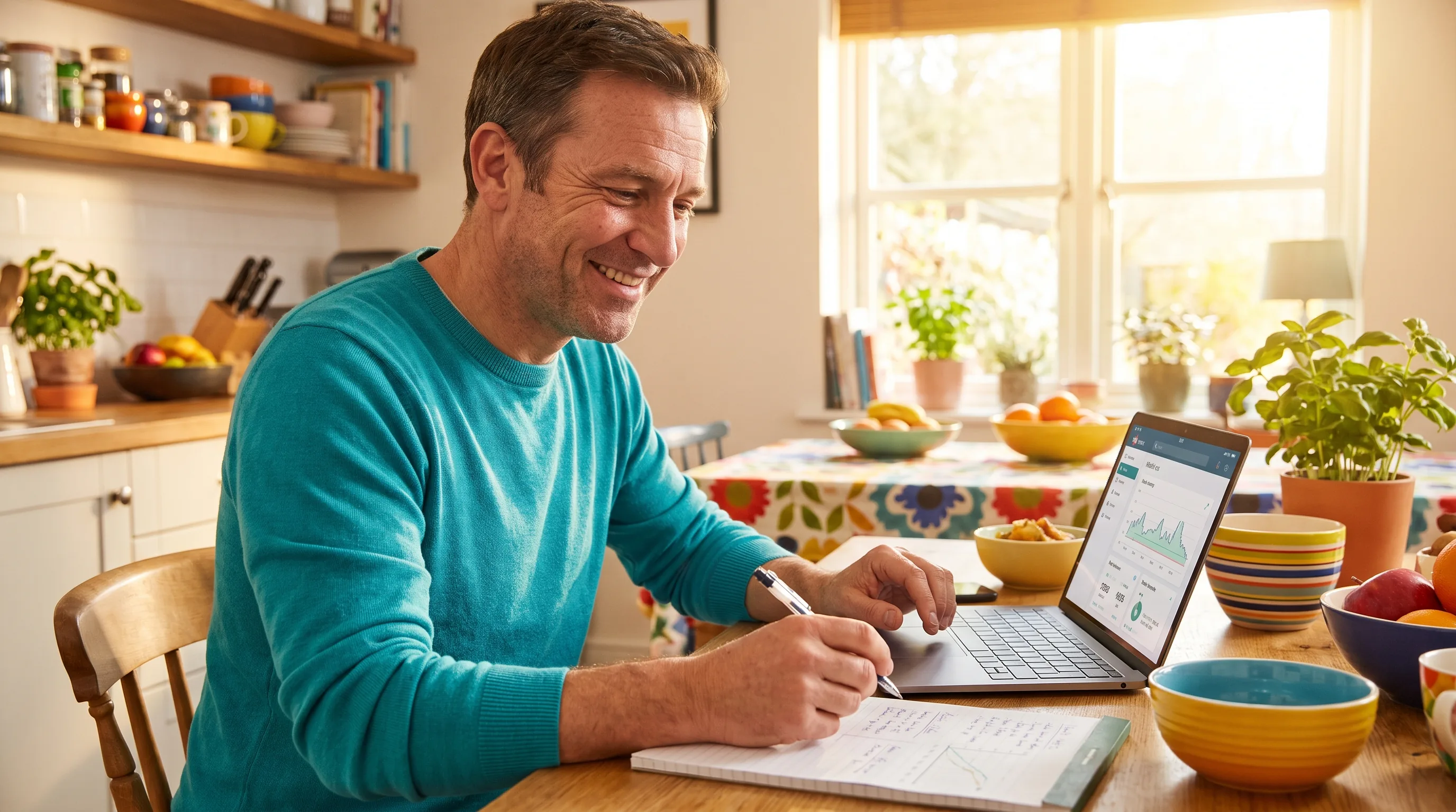 A warm, happy, colorful photo of a healthy adult at a sunlit kitchen table comparing weight-care options on a laptop and notepad