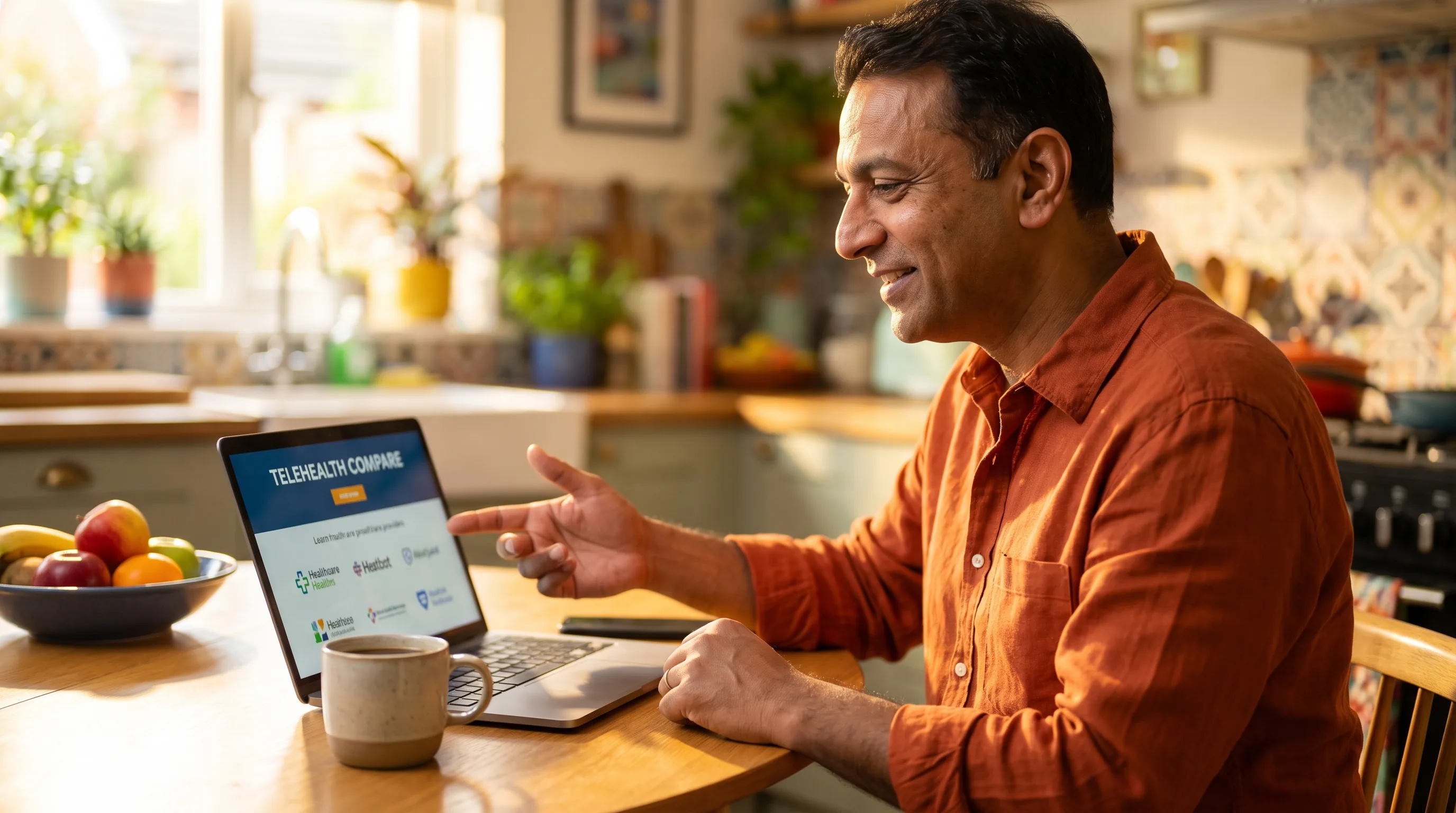 A warm, happy, colorful photo of a healthy adult smiling in bright morning light at a sunny kitchen table, comparing telehealth options on a laptop over coffee