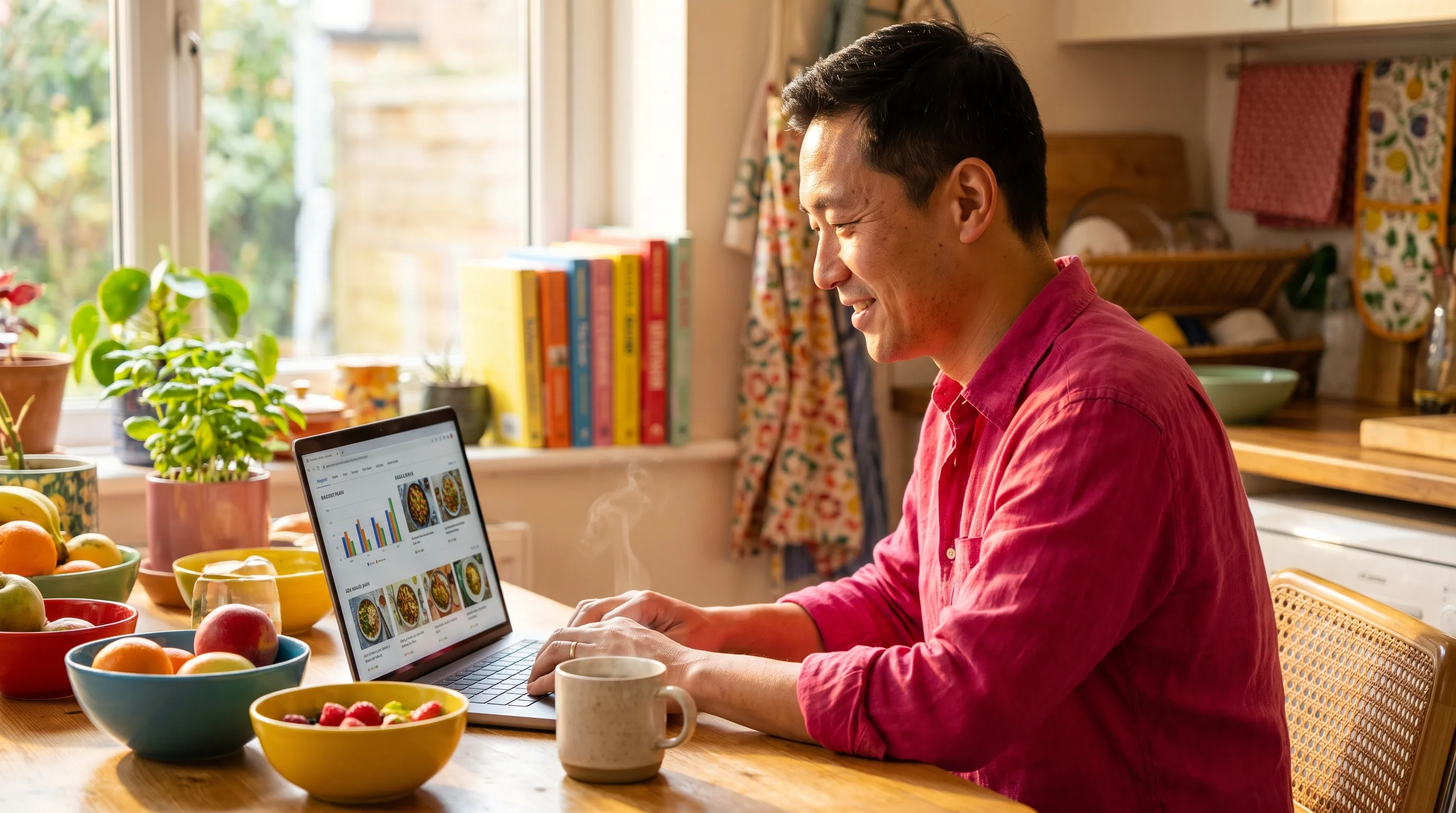 A warm, happy, colorful photo of a healthy adult in bright natural light comparing weight-care options on a laptop at a sunny kitchen table, relaxed and confident