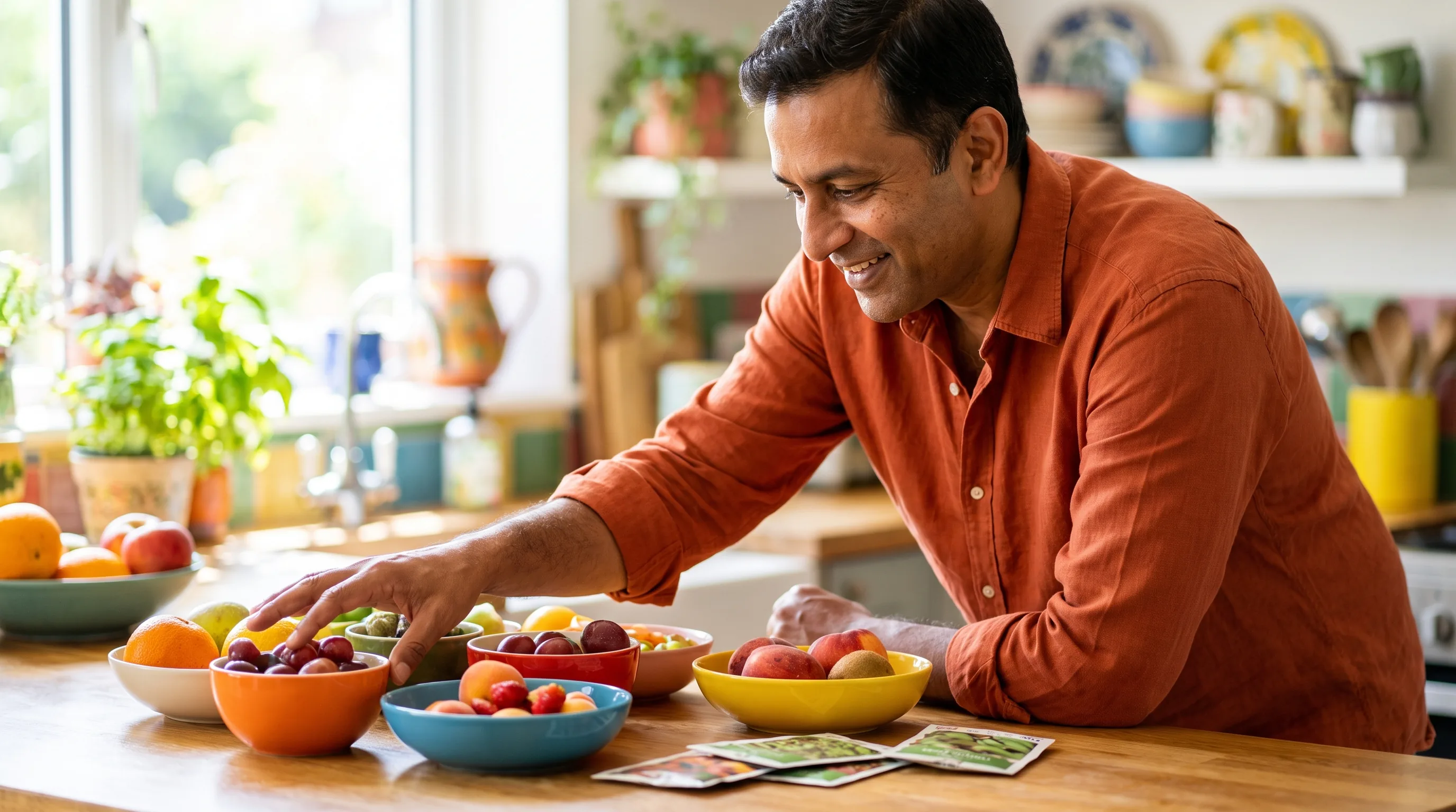 A warm, happy, colorful photo of a healthy adult smiling as they compare options on a bright kitchen table