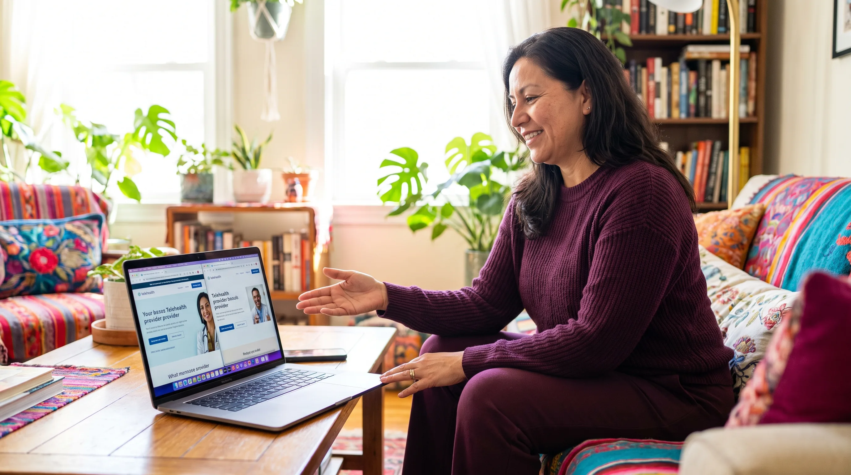 A person using a laptop for a telehealth visit at home, relaxed and unhurried