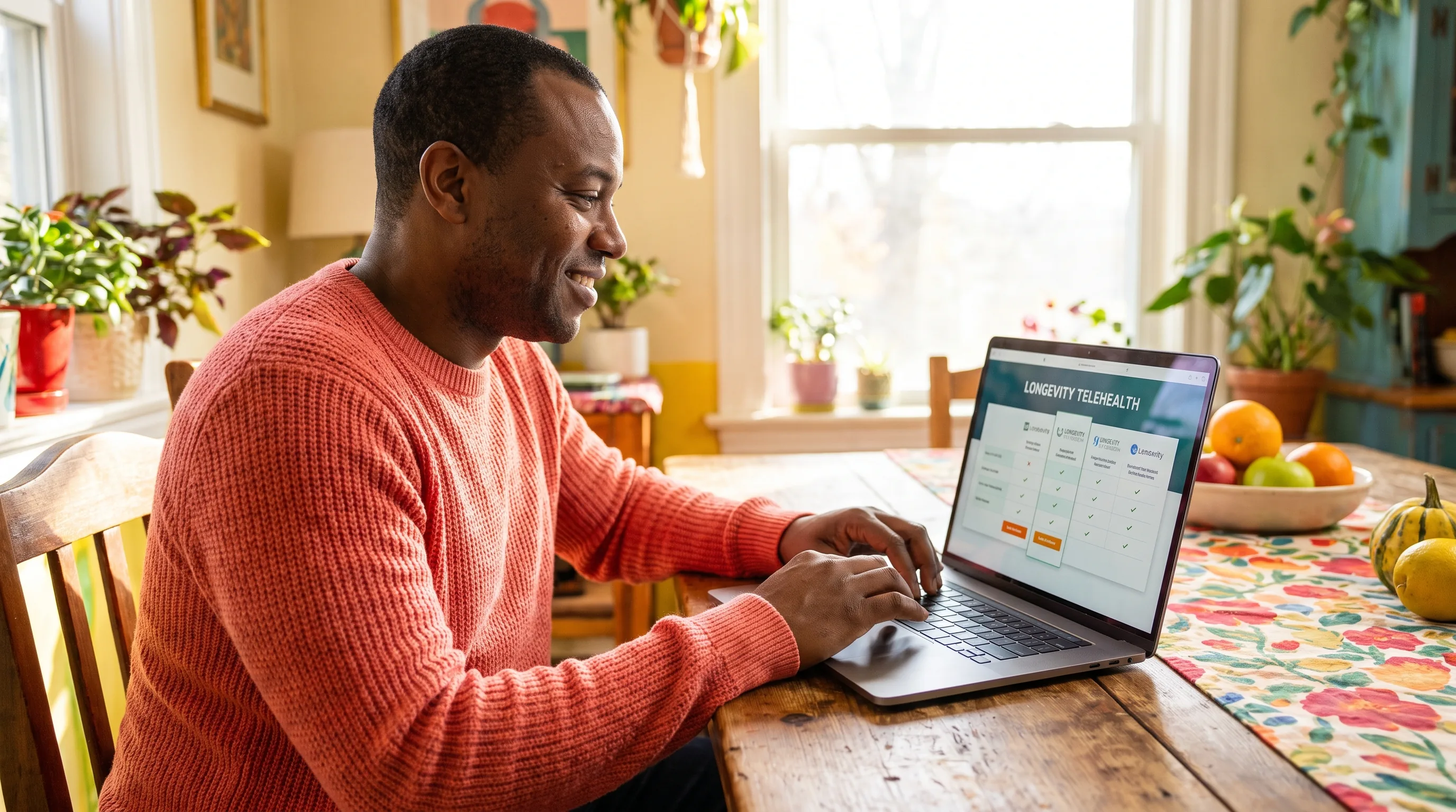 A warm, colorful photo of a healthy, happy adult at a sunlit table comparing longevity telehealth options on a laptop