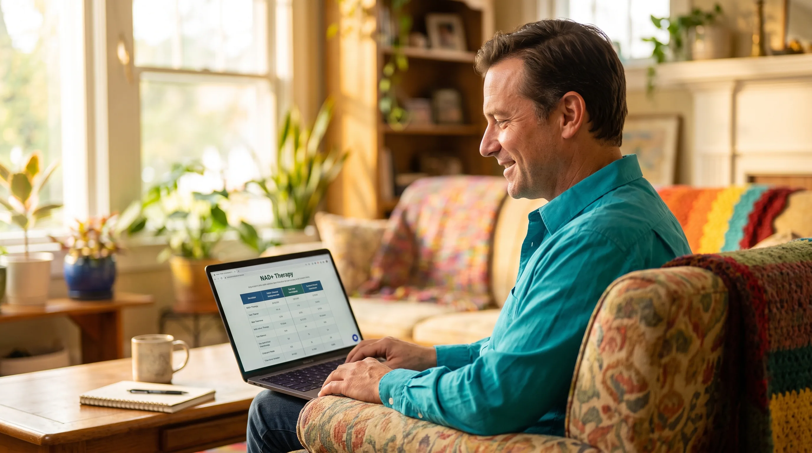 A warm, colorful photo of a happy, healthy adult at home comparing NAD therapy options on a laptop