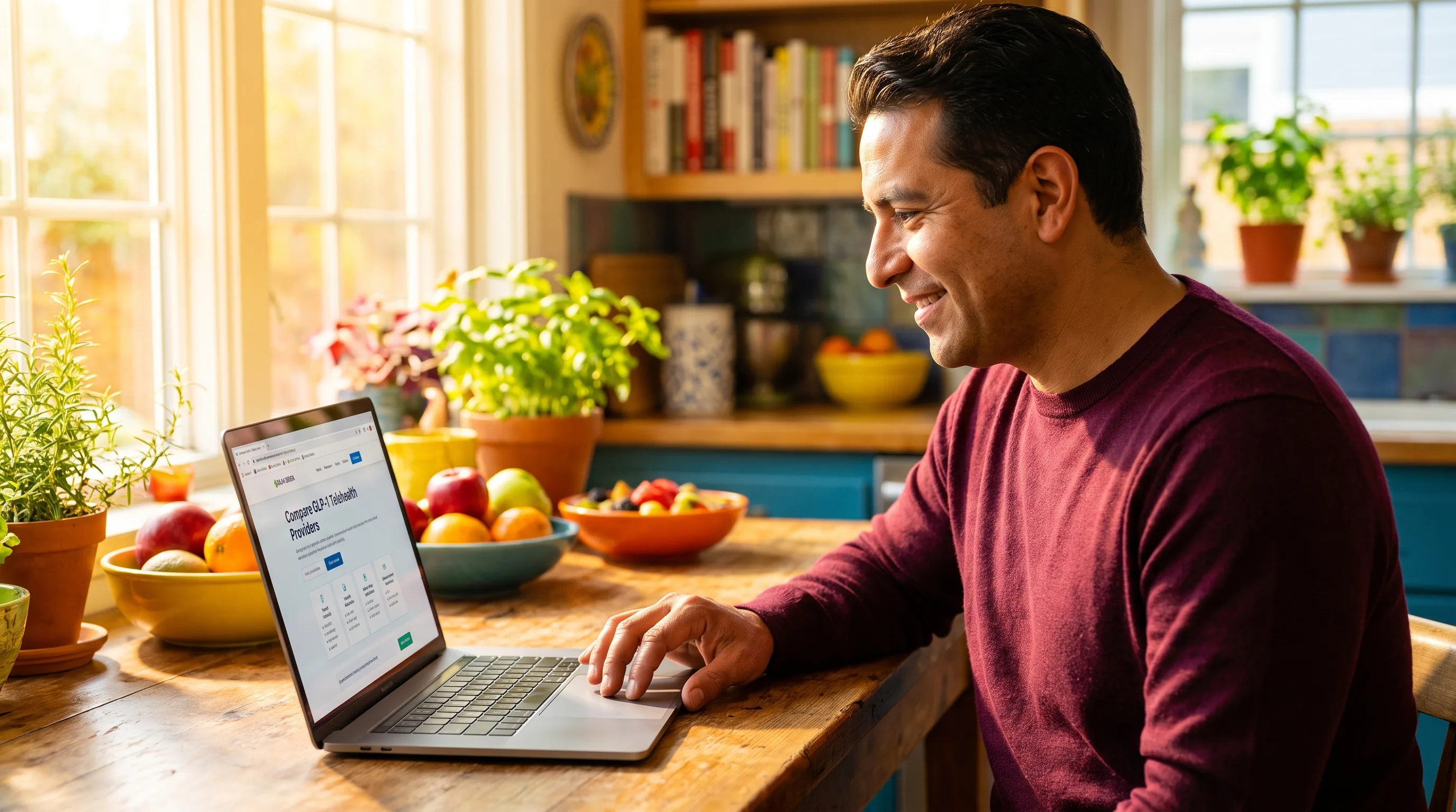 A warm, happy, colorful photo of a healthy adult comparing online GLP-1 provider options on a laptop at a sunny kitchen table