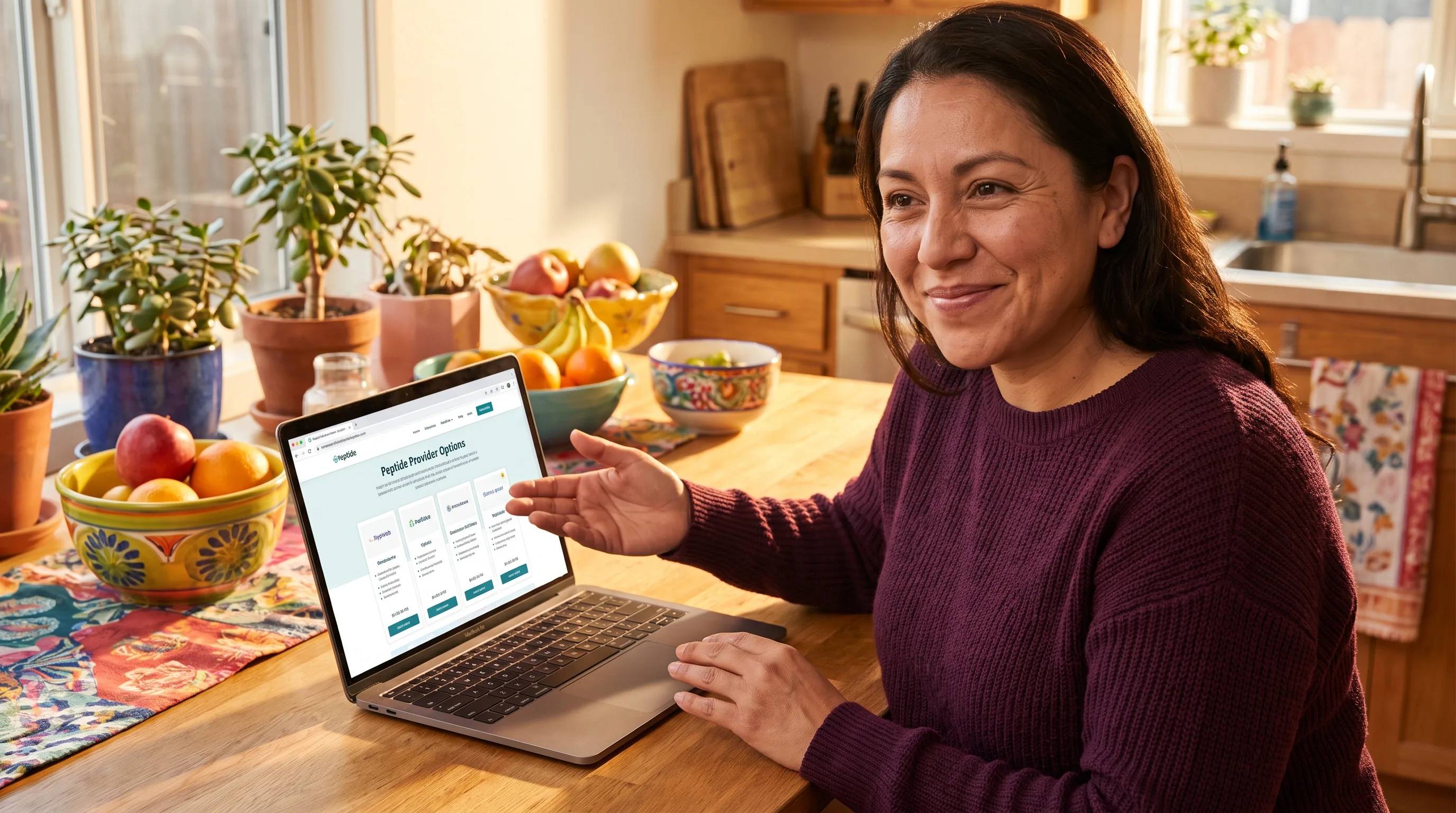 A warm, happy, colorful photo of a healthy adult smiling as they compare peptide provider options on a laptop at a sunlit kitchen table.