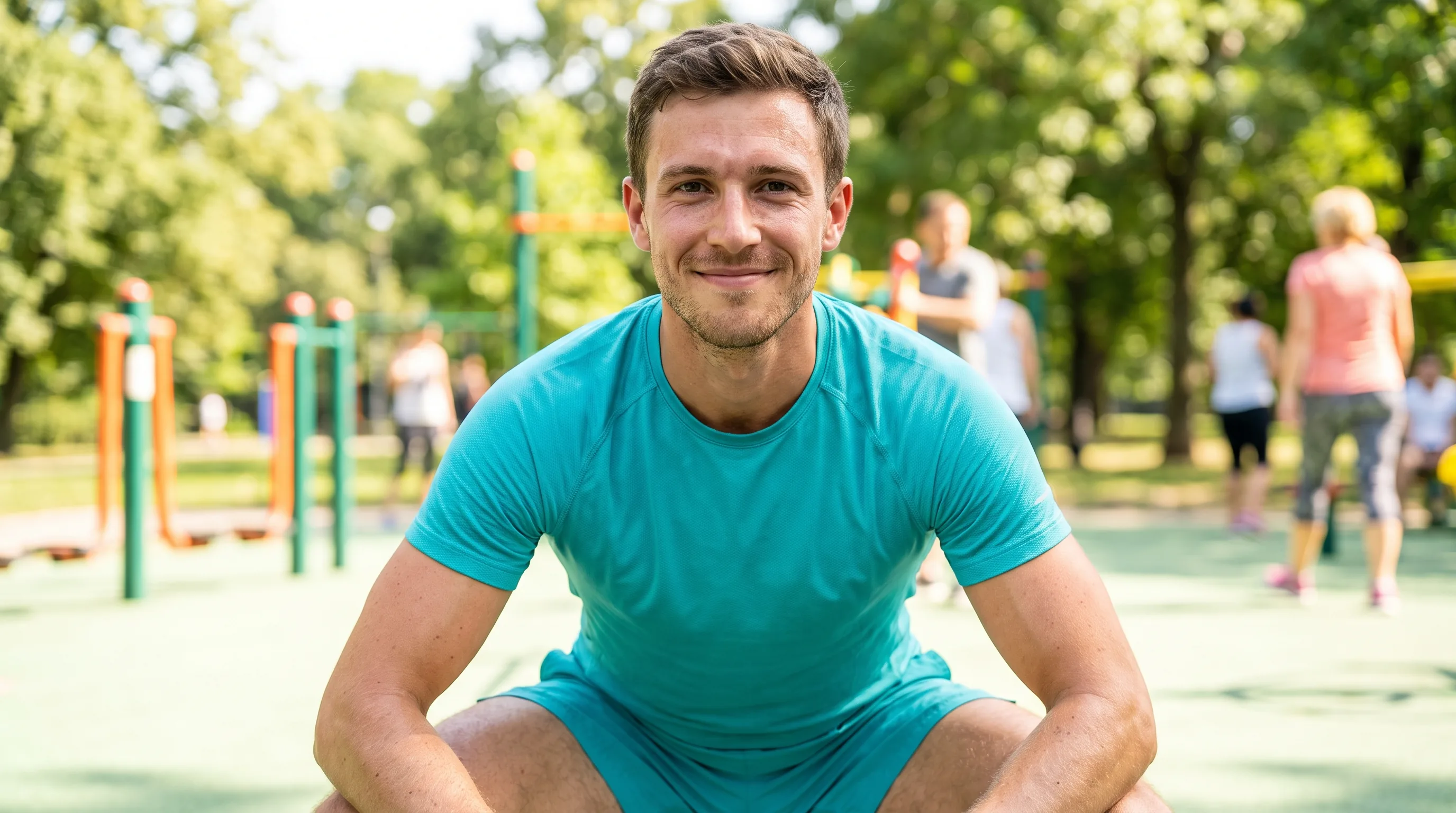 A lean, athletic man in their 20s doing squats