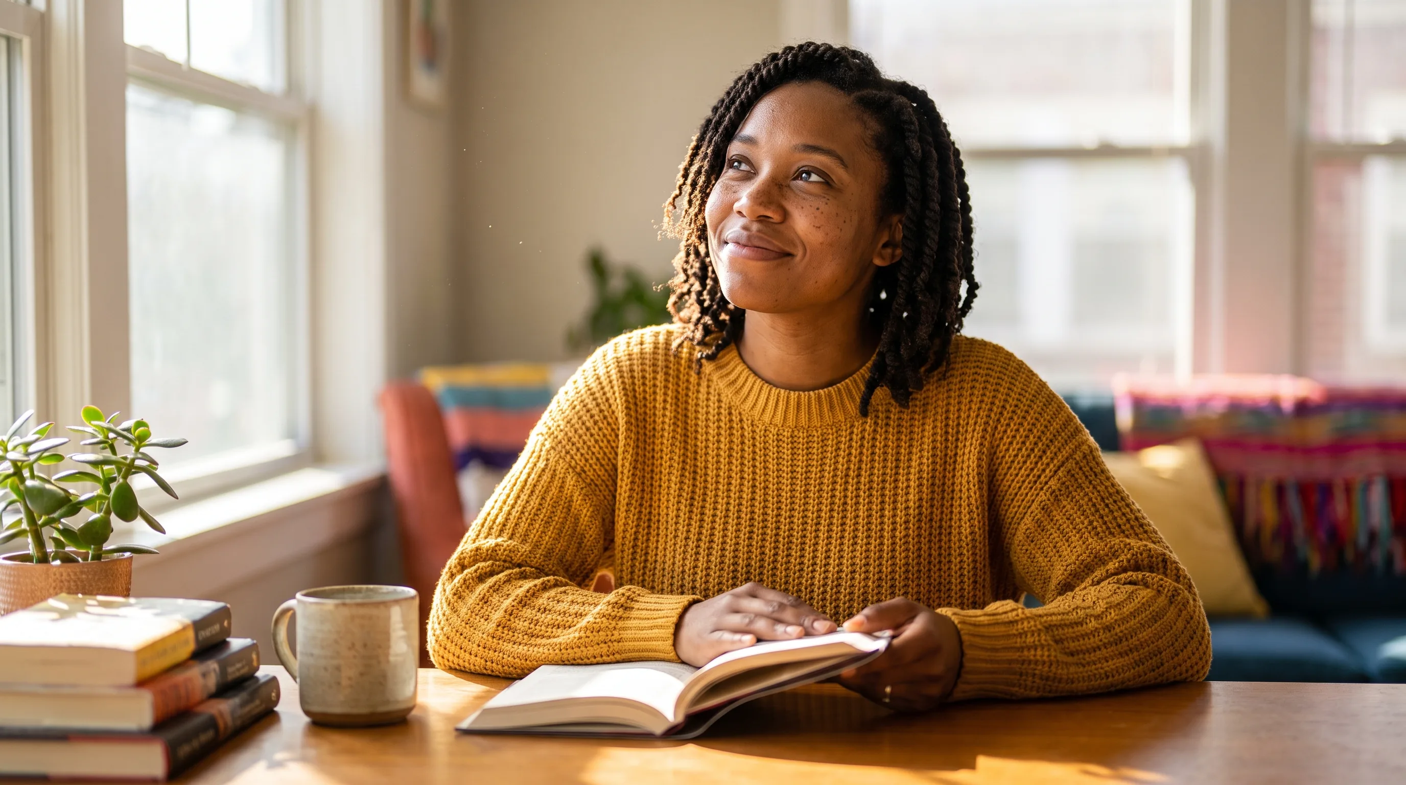 A focused young professional reading at a sunlit desk with a clear, calm expression, mid-morning
