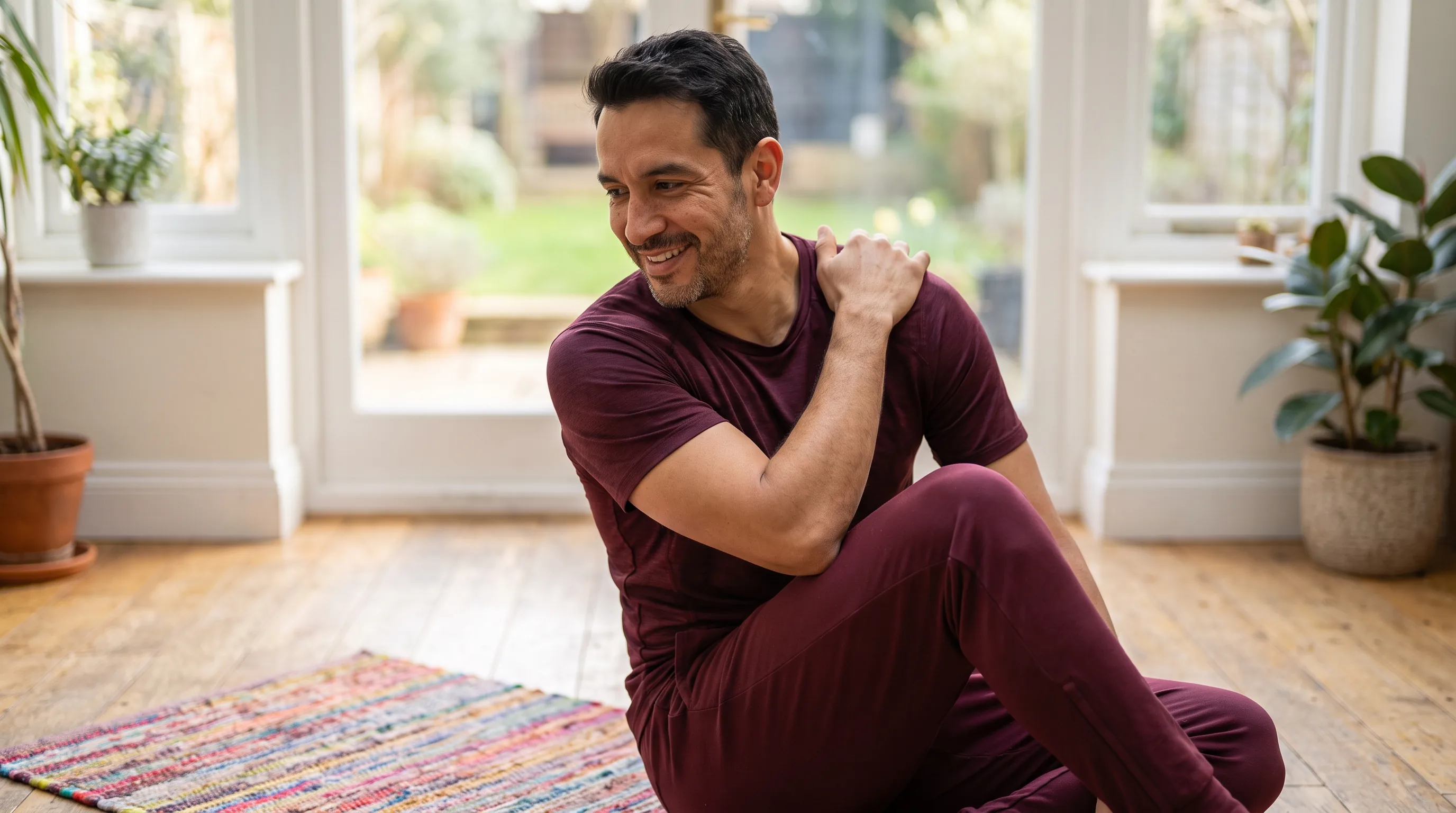 A fit adult in their thirties doing gentle mobility work on a yoga mat by a sunlit window, easing a healing shoulder, calm and focused during an easy recovery session