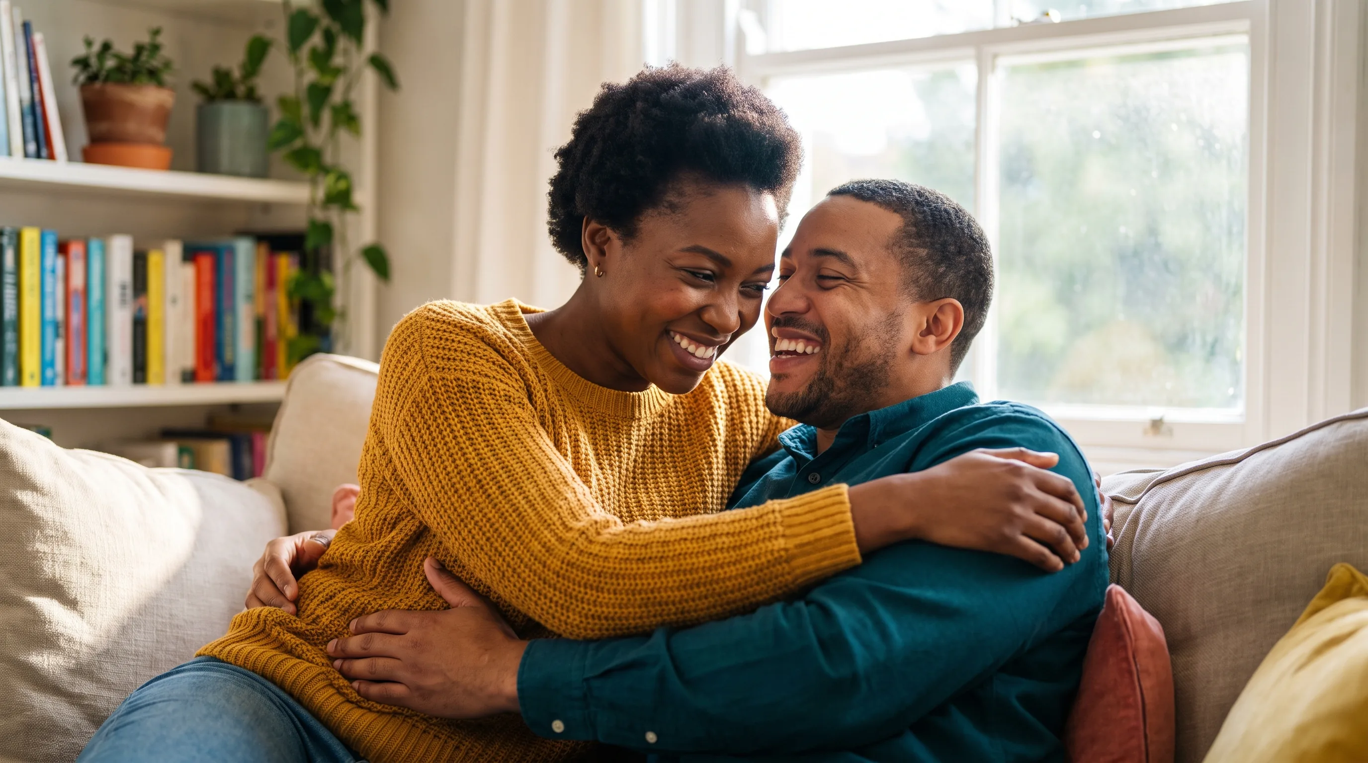 A confident, healthy couple in their late thirties sharing a warm, relaxed morning at home, close and at ease, natural light, tasteful and non-explicit