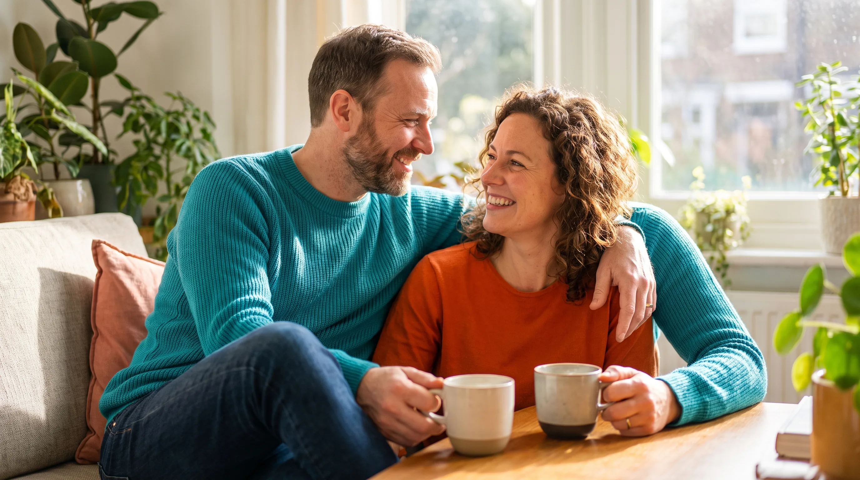 A confident, healthy couple in their late thirties sharing a warm, relaxed morning at home, close and at ease, natural light, tasteful and non-explicit