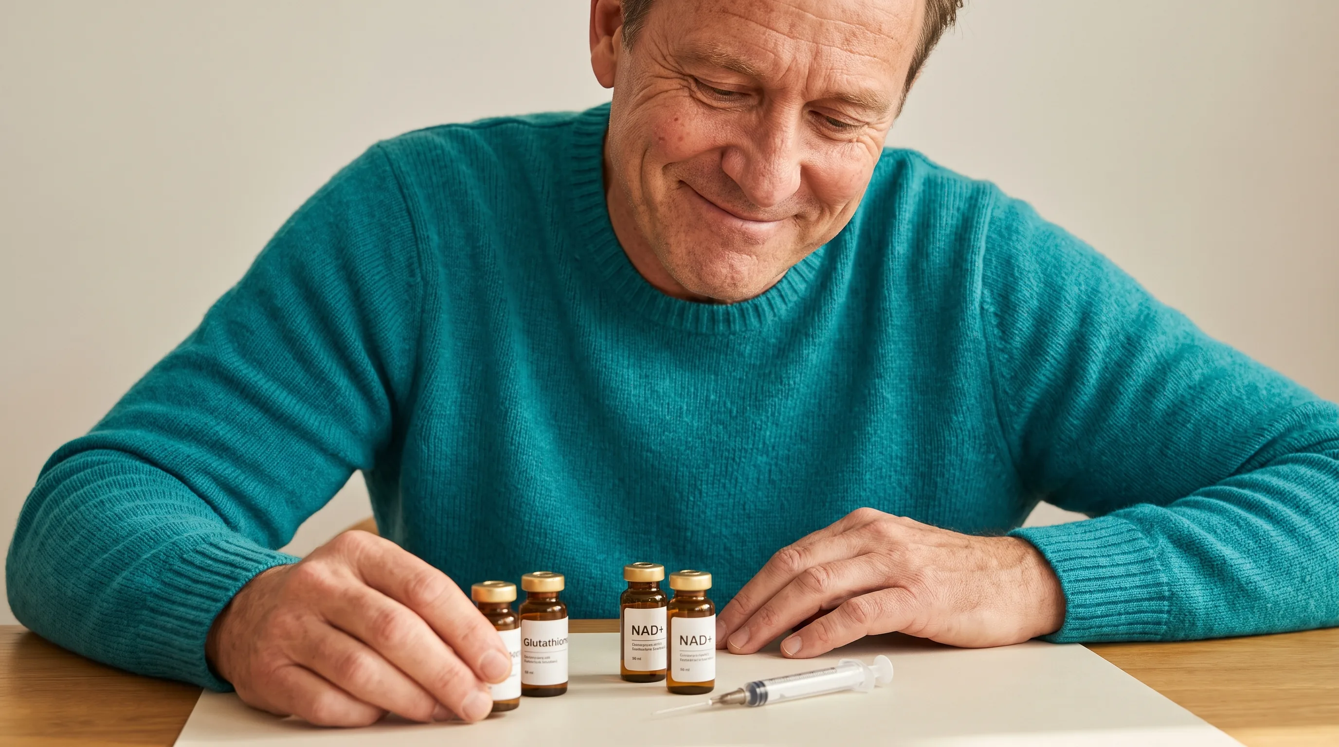 Amber vials of glutathione and NAD+ for at-home subcutaneous injection on a clean surface
