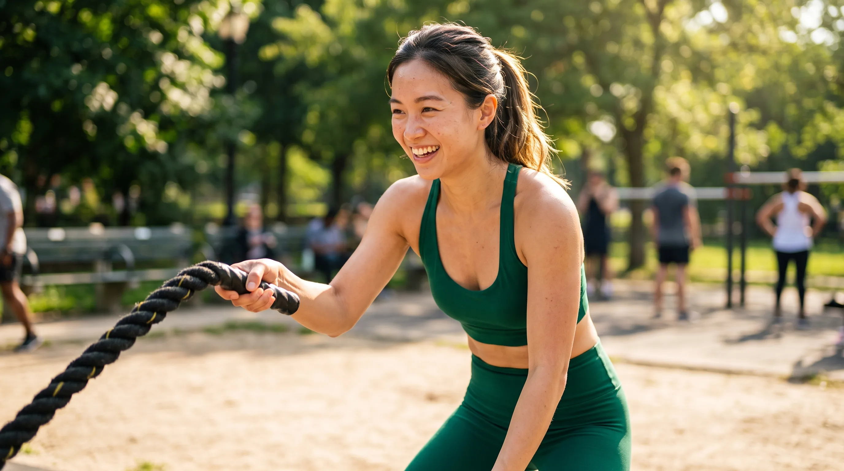 A lean, athletic woman in their 20s training with battle ropes