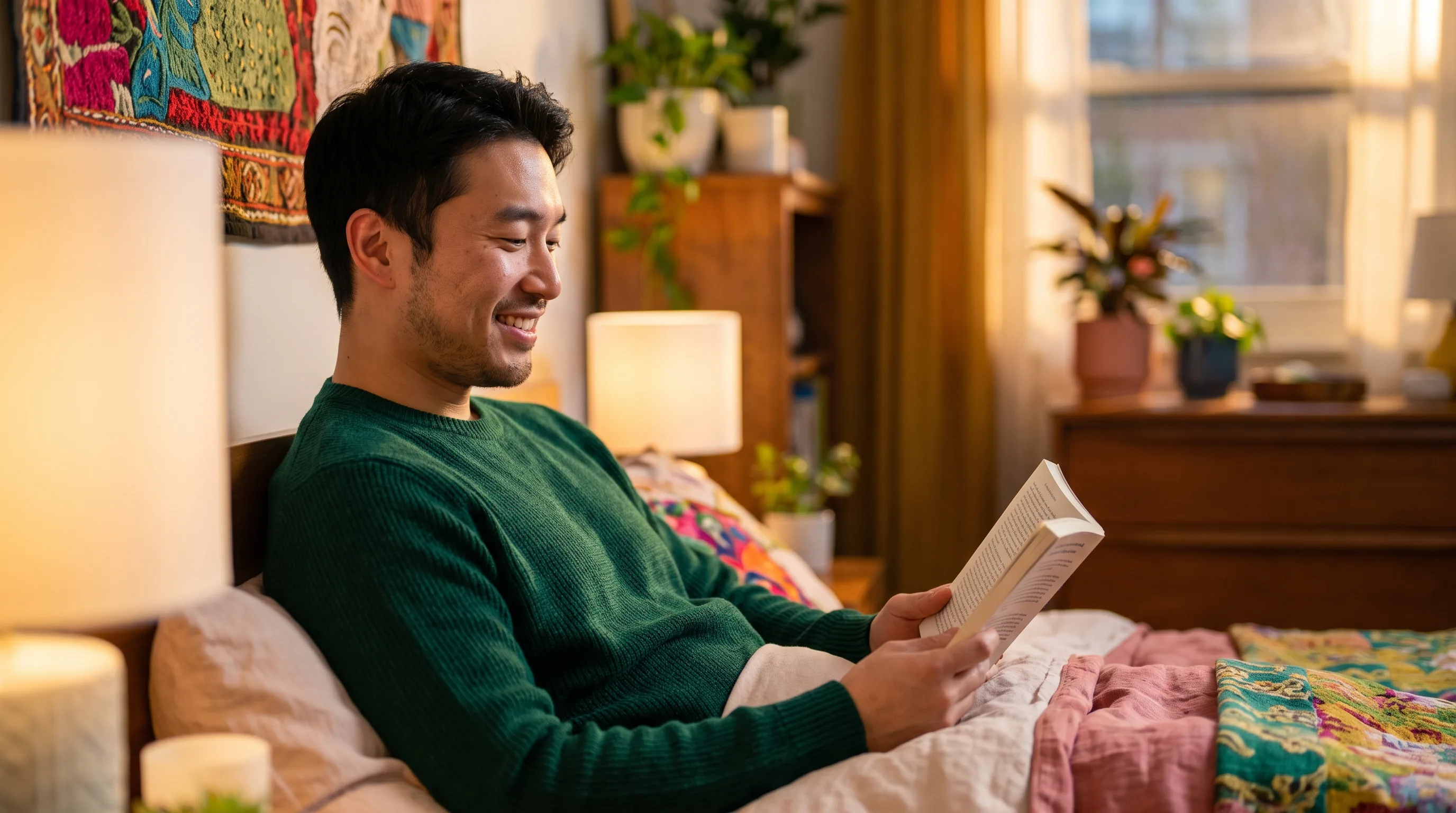 A man around 30 reading calmly in a softly lit bedroom before sleep, relaxed shoulders and an at-ease expression