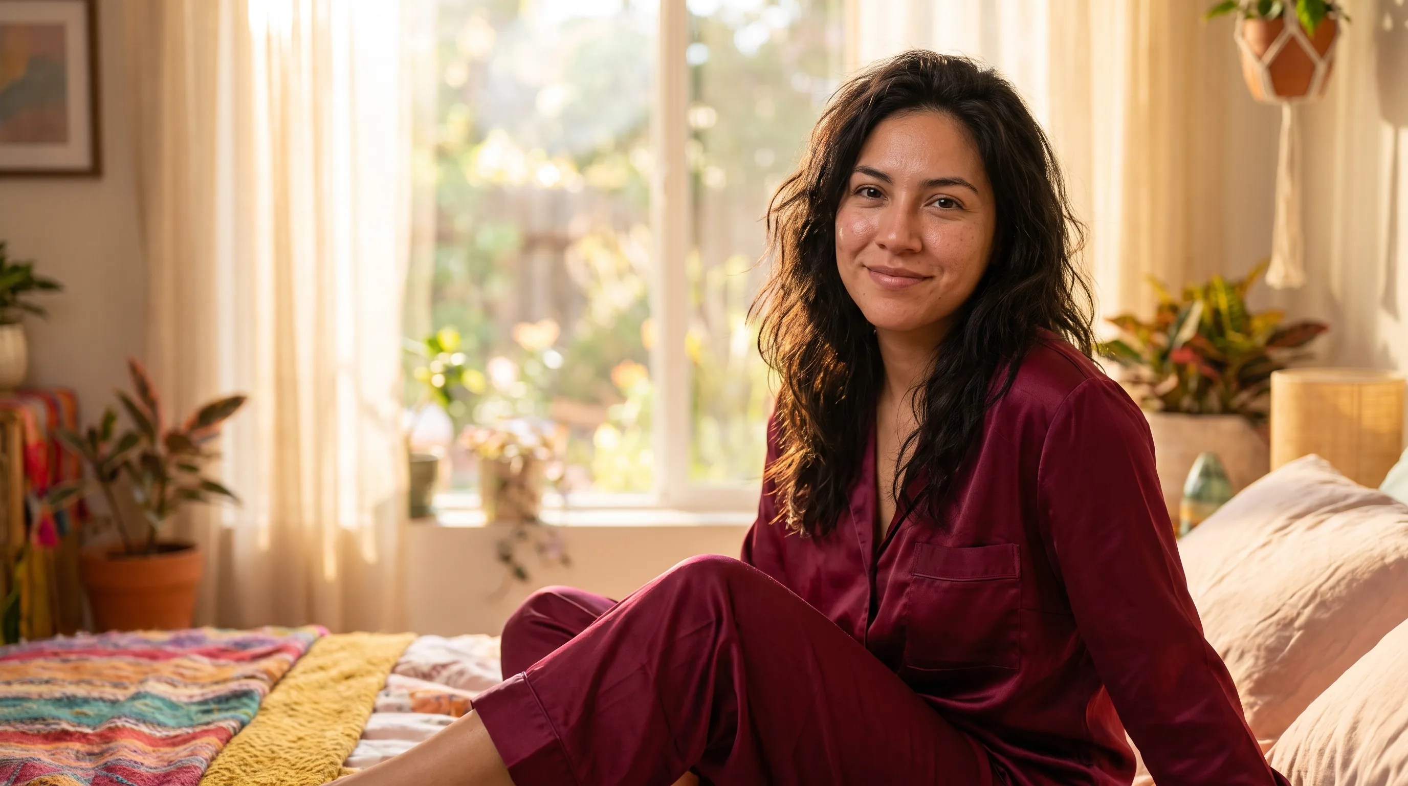 A woman in her late 20s waking rested and calm in soft morning light by a window, clear-eyed and unhurried after a full night of sleep