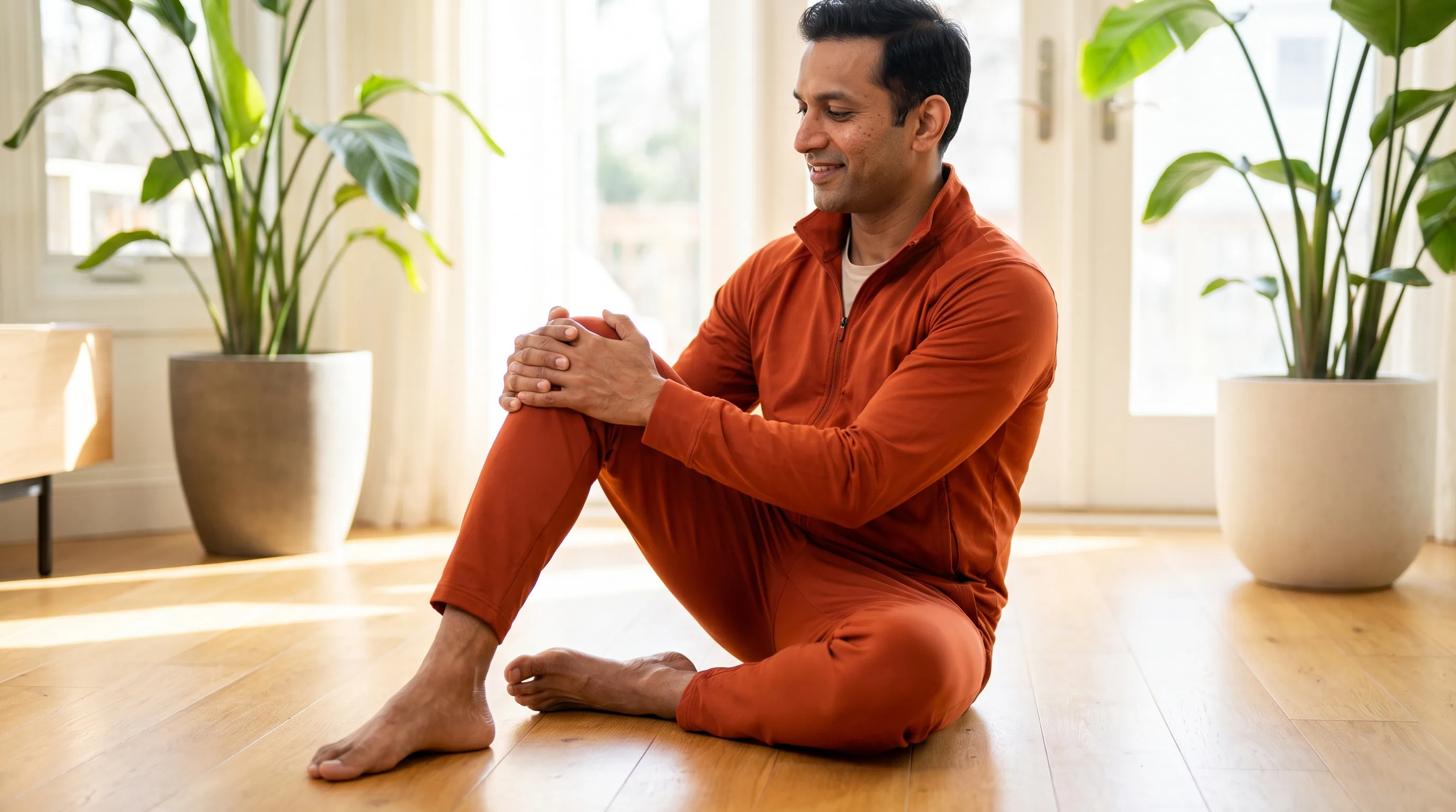 A fit adult in their 30s in athletic wear doing gentle mobility work on a healing knee on a bright wooden floor, calm and focused