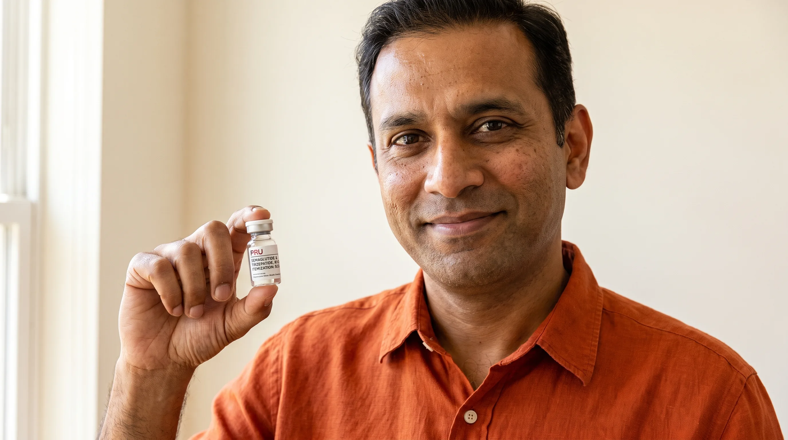 A pru semaglutide and tirzepatide vial with itemized at-cost label on a clean neutral background