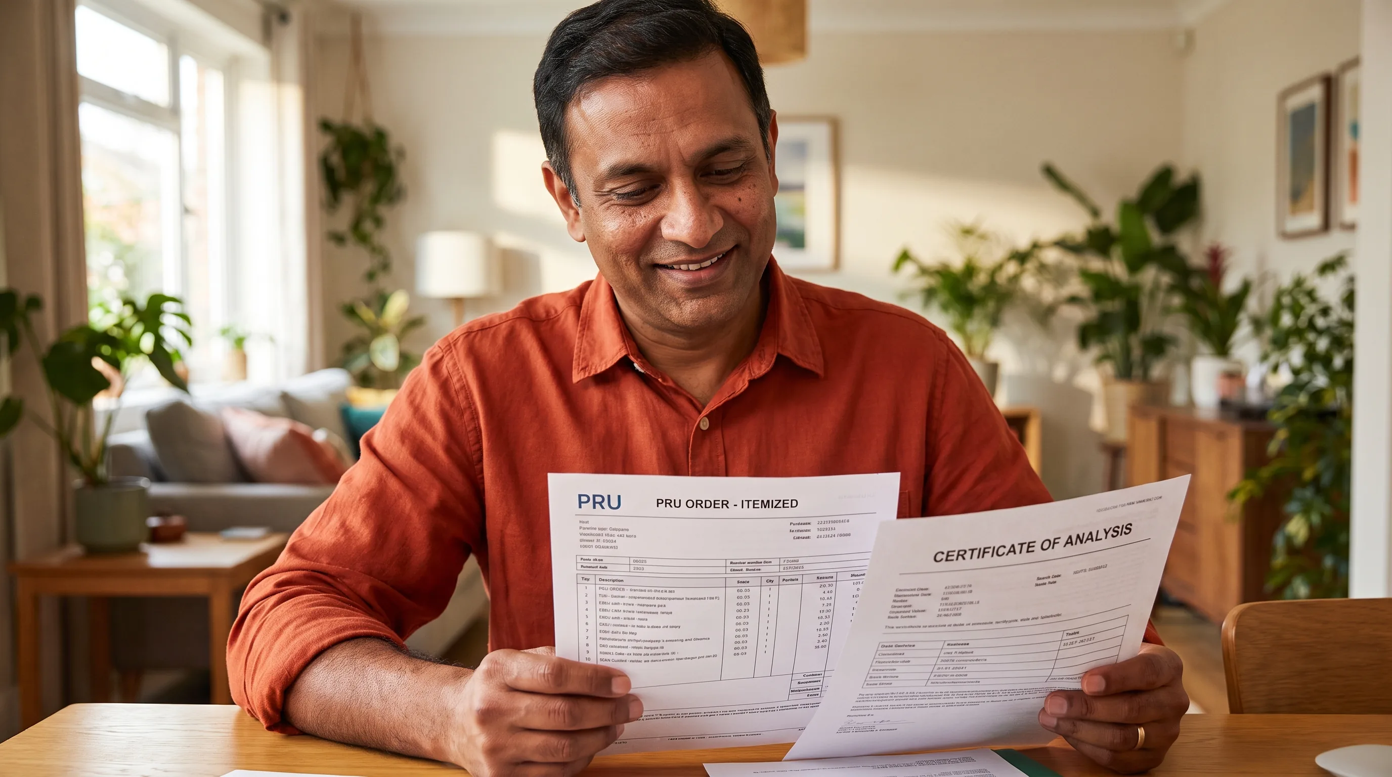 A healthy adult at home smiling while reviewing a clearly itemized pru order with a Certificate of Analysis on the table