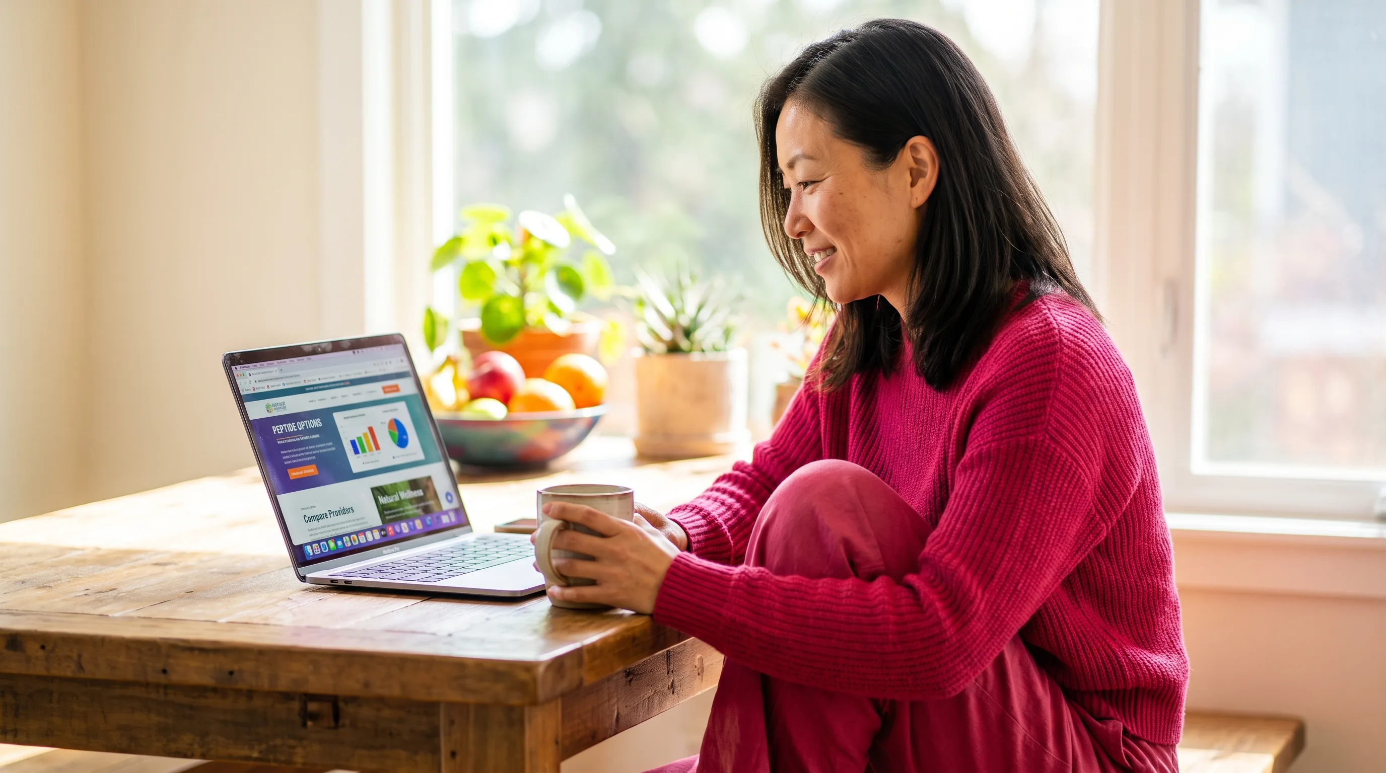 A warm, happy, colorful photo of a healthy adult sitting at a sunlit table, smiling as she compares peptide provider options on a laptop, relaxed and unhurried