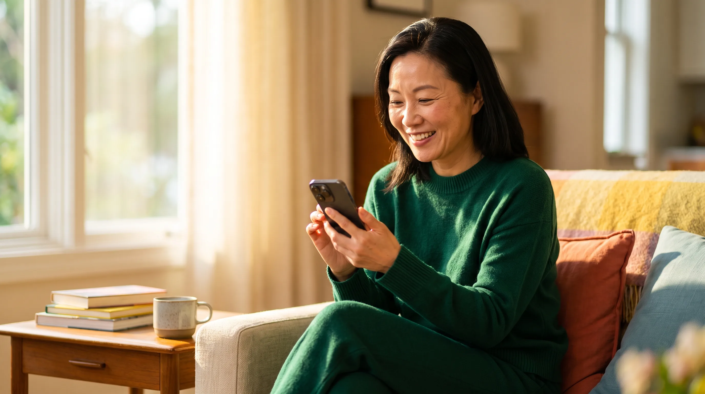 A relaxed, healthy adult at home reviewing their options on a phone in warm natural light, calm and confident