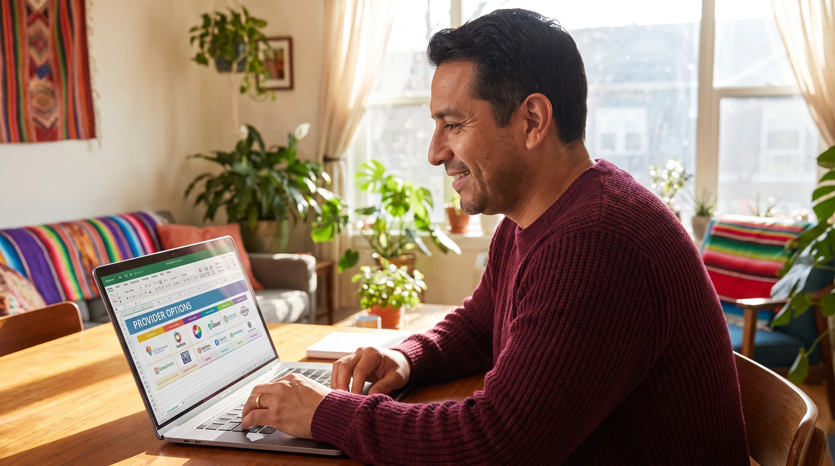 A warm, happy, healthy adult in a sunlit room smiling as they compare provider options on a laptop, bright and colorful