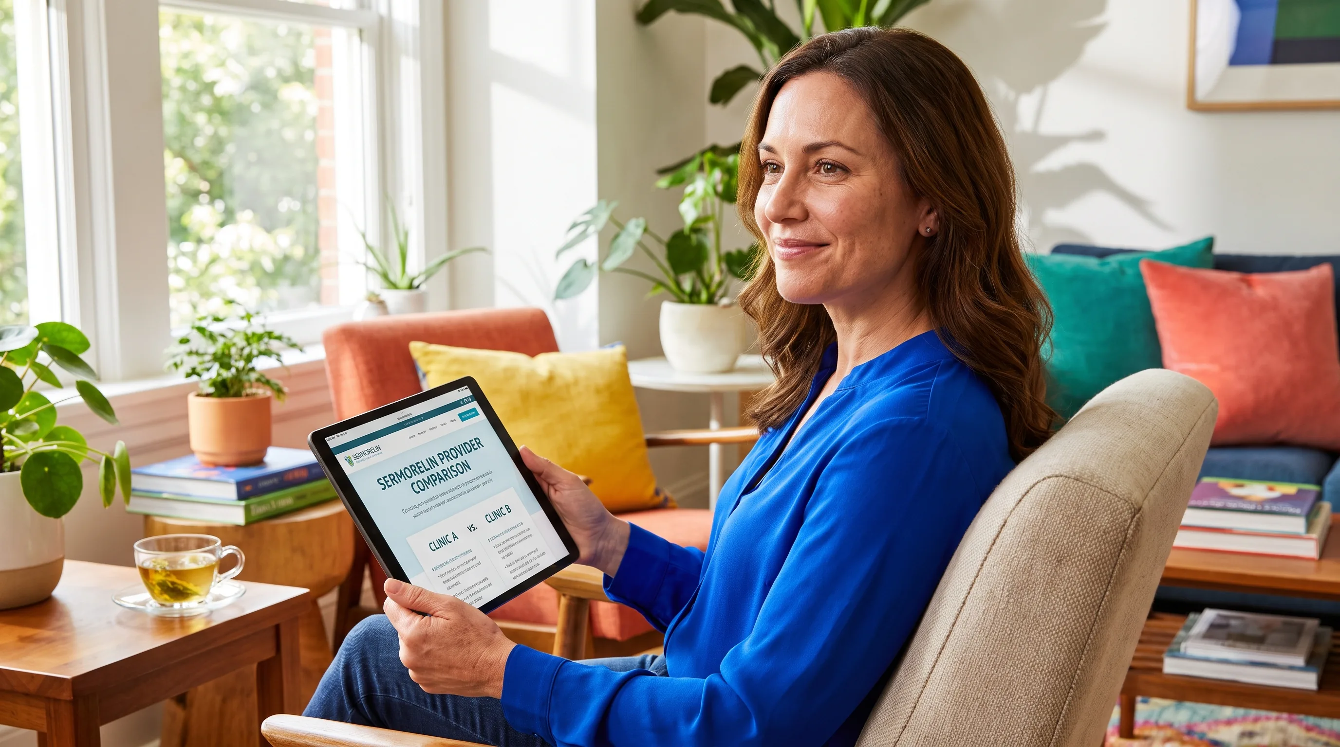 A healthy adult reviewing a sermorelin provider comparison on a tablet in a bright, calm home
