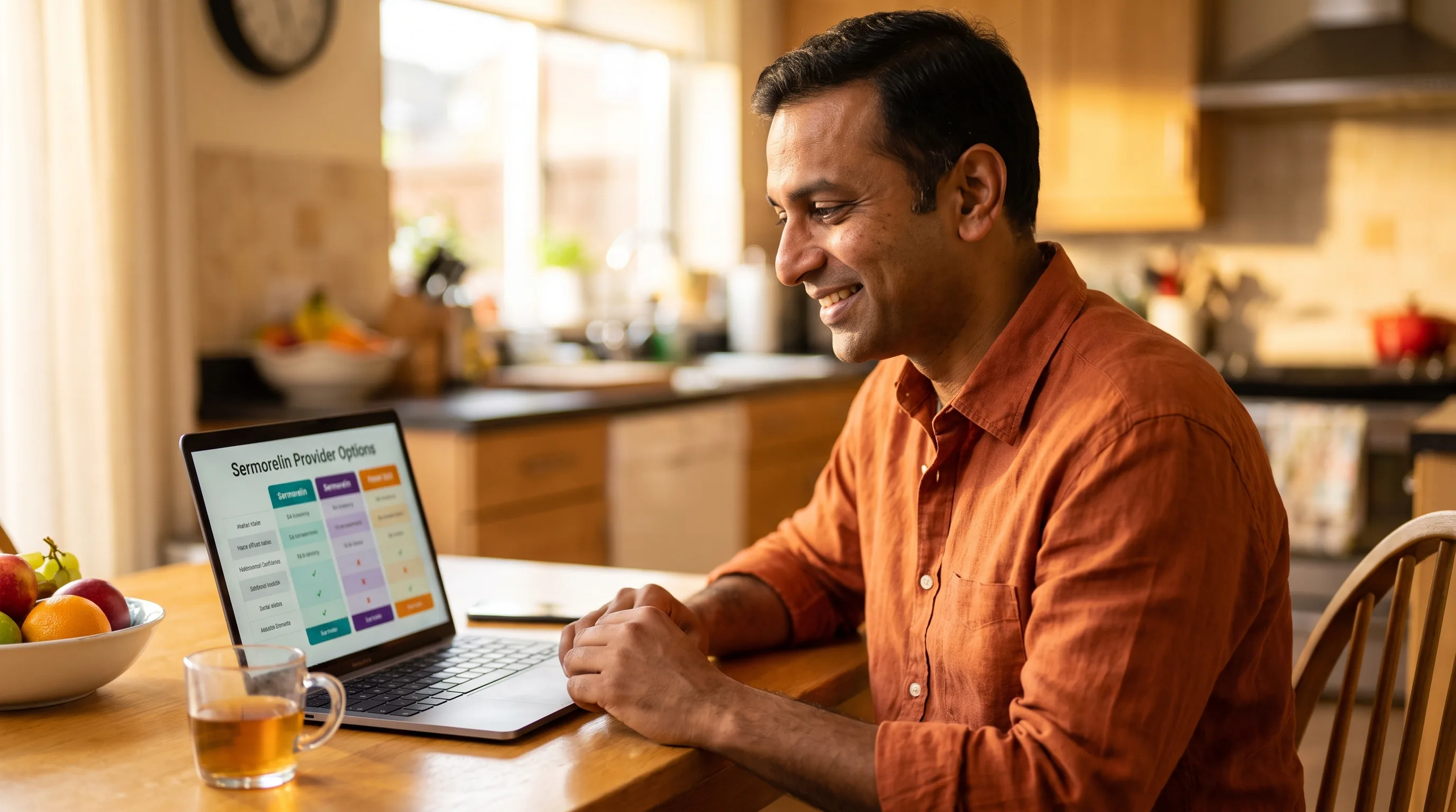 A warm, happy, colorful photo of a healthy adult comparing sermorelin provider options on a laptop at a sunlit kitchen table