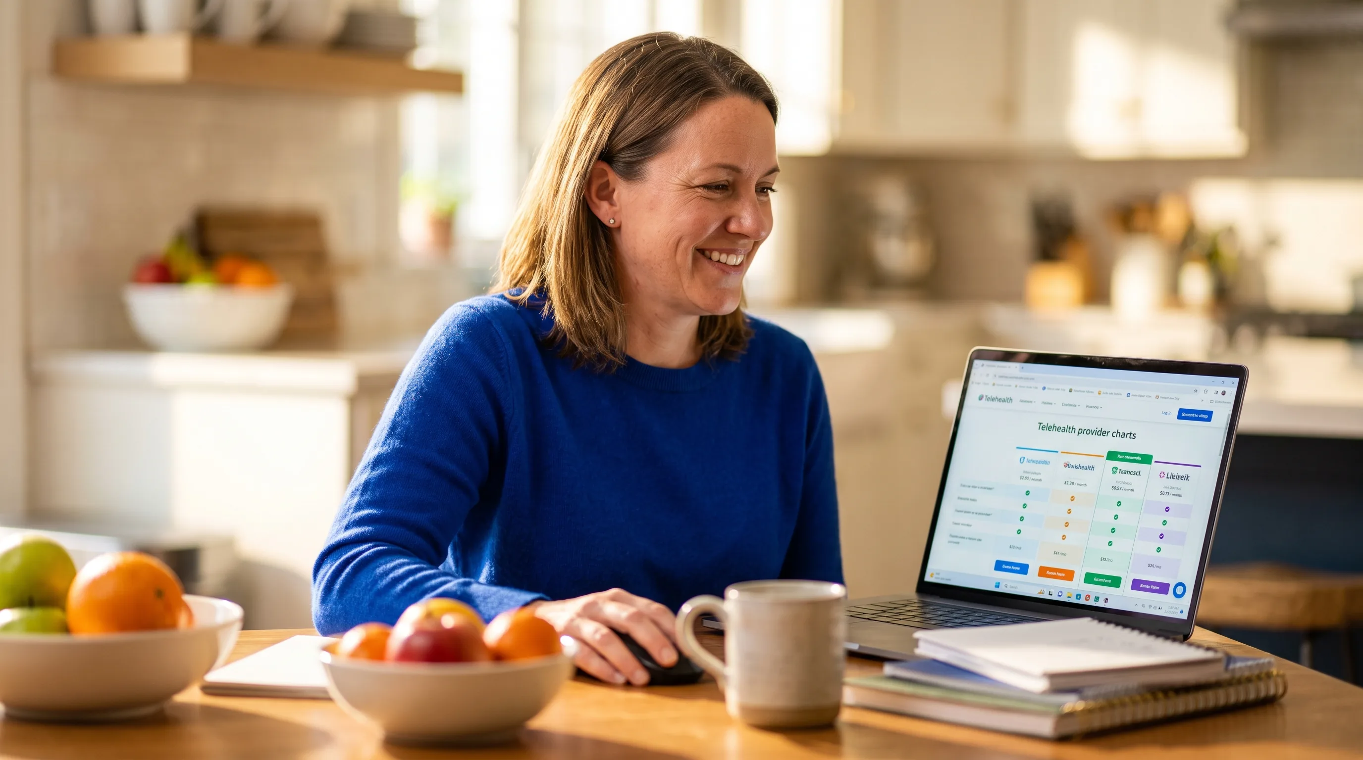 A warm, happy, colorful photo of a healthy adult at a sunlit kitchen table comparing weight loss telehealth options on a laptop
