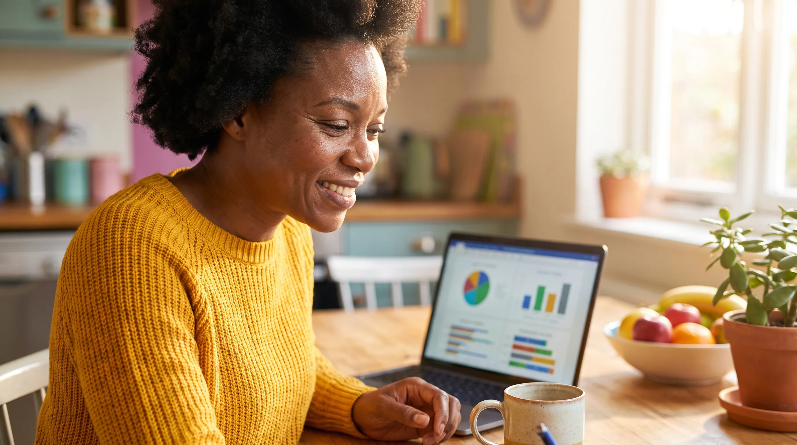 A warm, happy, colorful photo of a healthy adult in bright natural light, smiling and relaxed as they compare their options on a laptop at a sunlit kitchen table