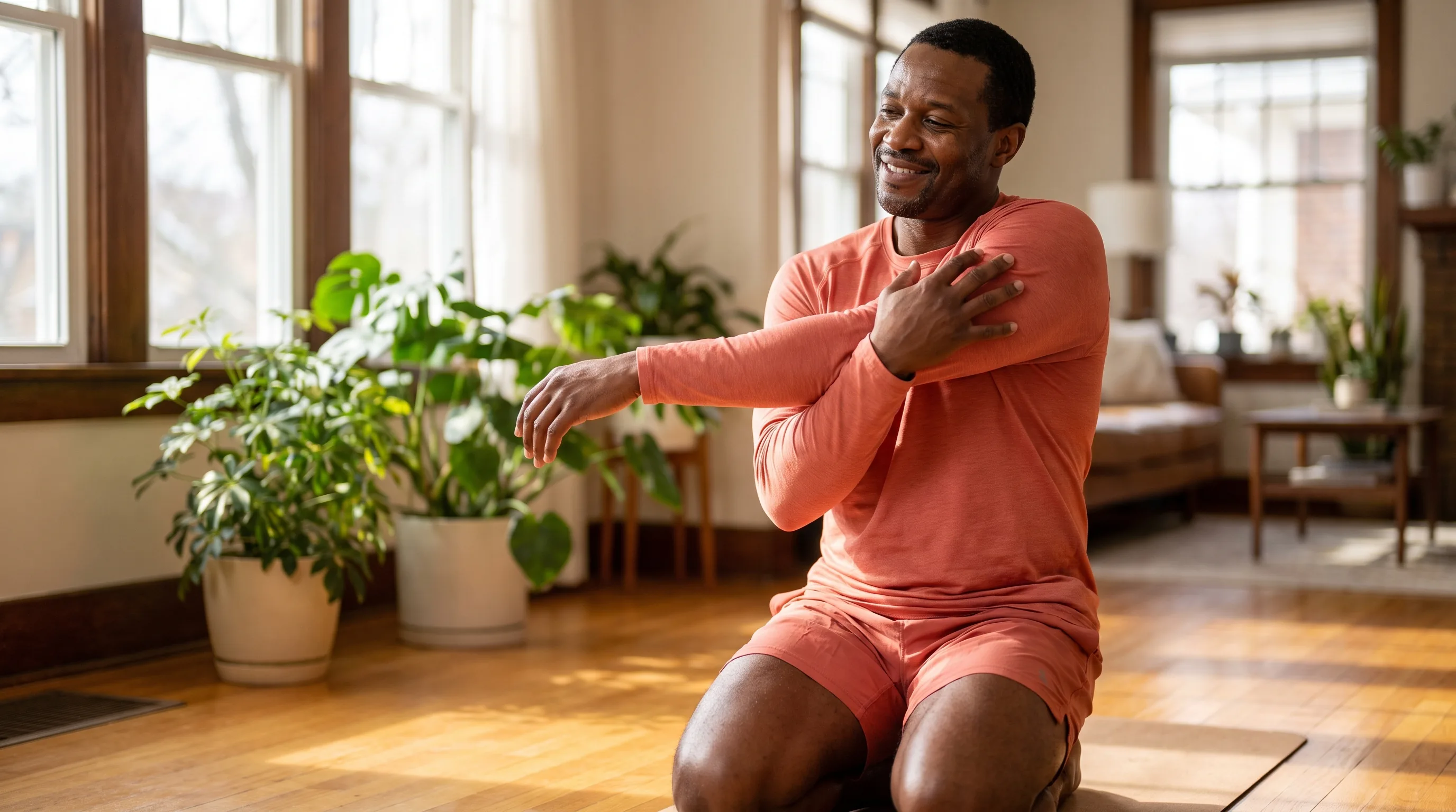 Fit adult in athletic wear doing slow mobility work on a mat in a bright room, easing a healing shoulder through its range of motion